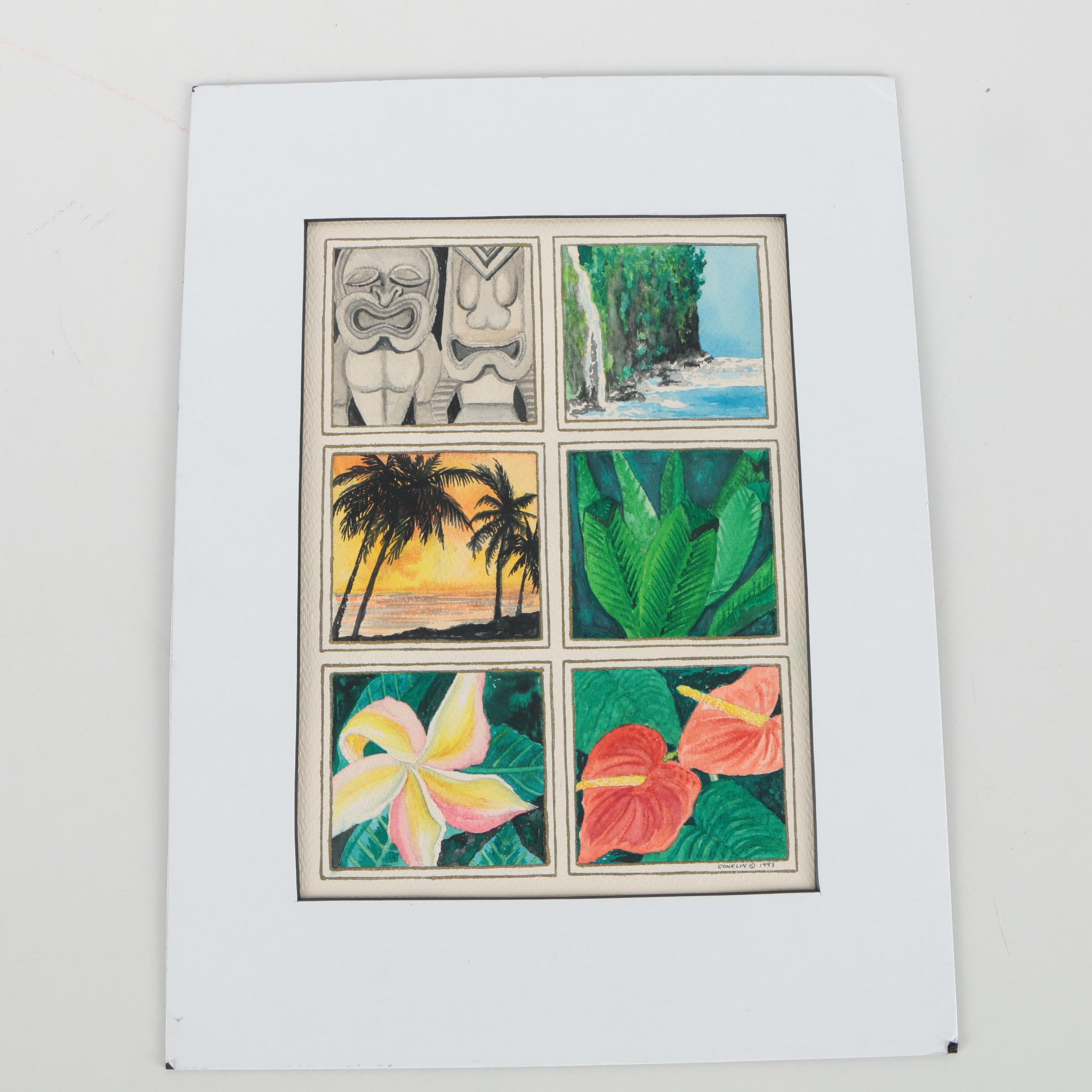 Conklin 1993 Six-Panel Watercolor on Paper of Hawaiian Scenes