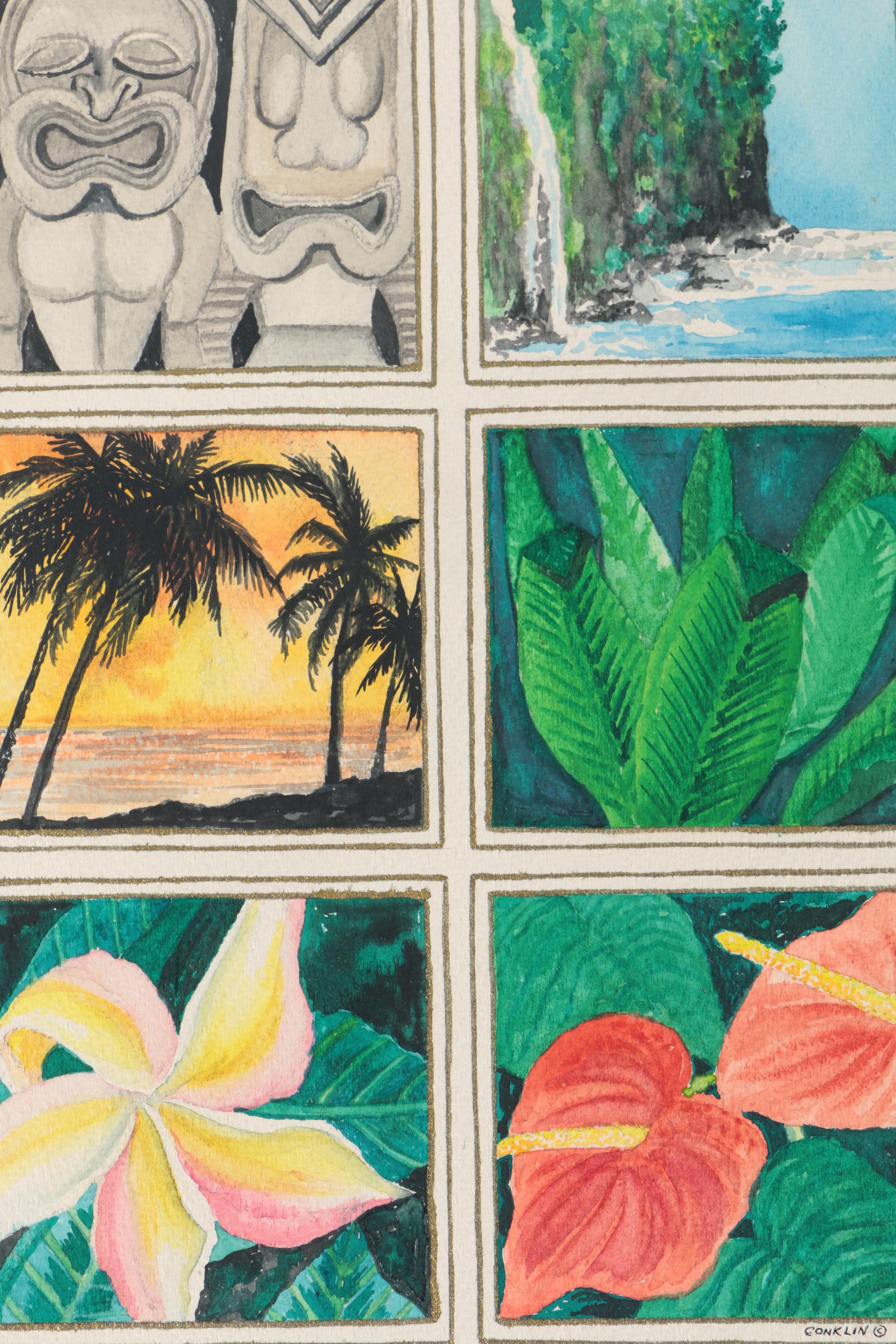 Conklin 1993 Six-Panel Watercolor on Paper of Hawaiian Scenes