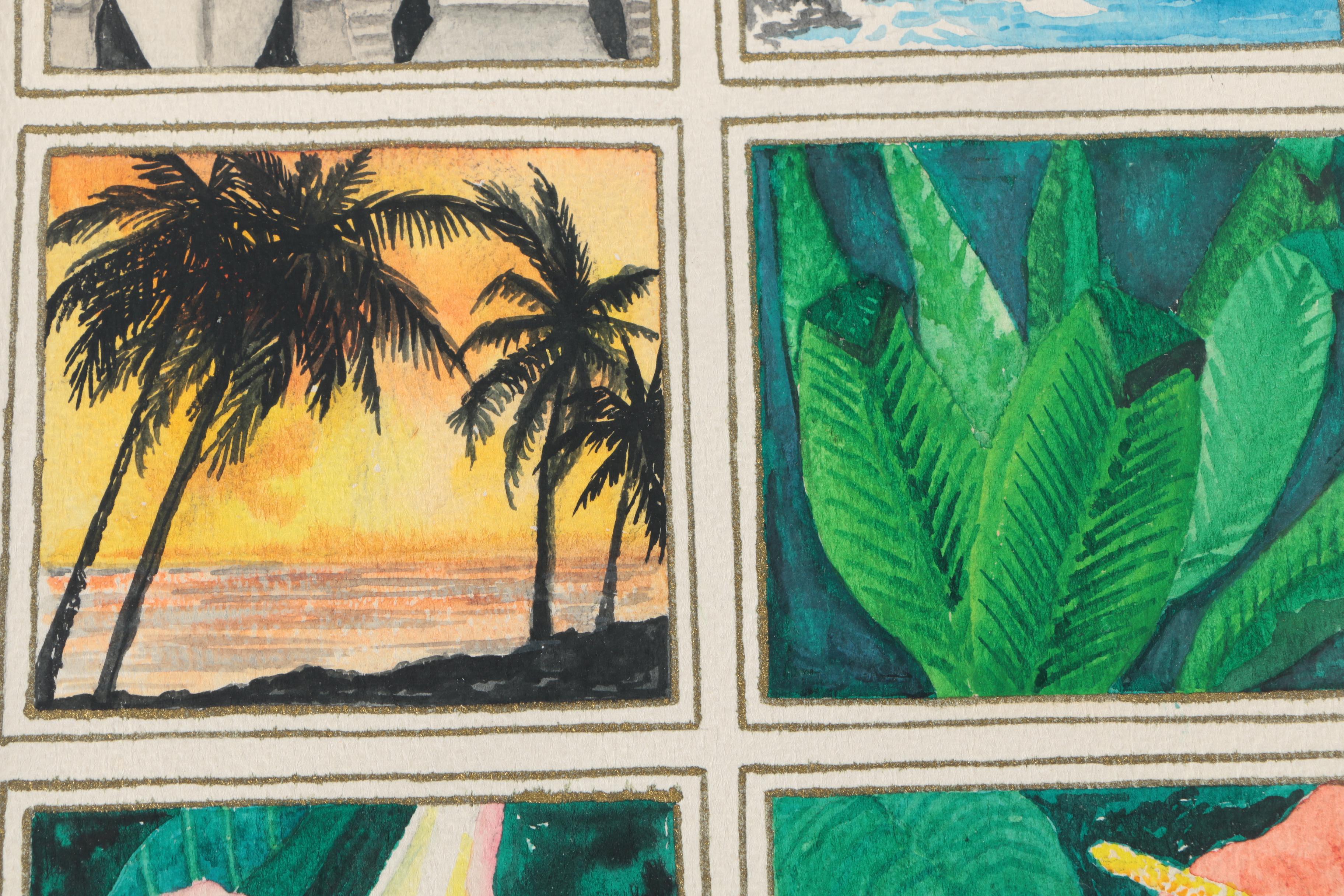 Conklin 1993 Six-Panel Watercolor on Paper of Hawaiian Scenes