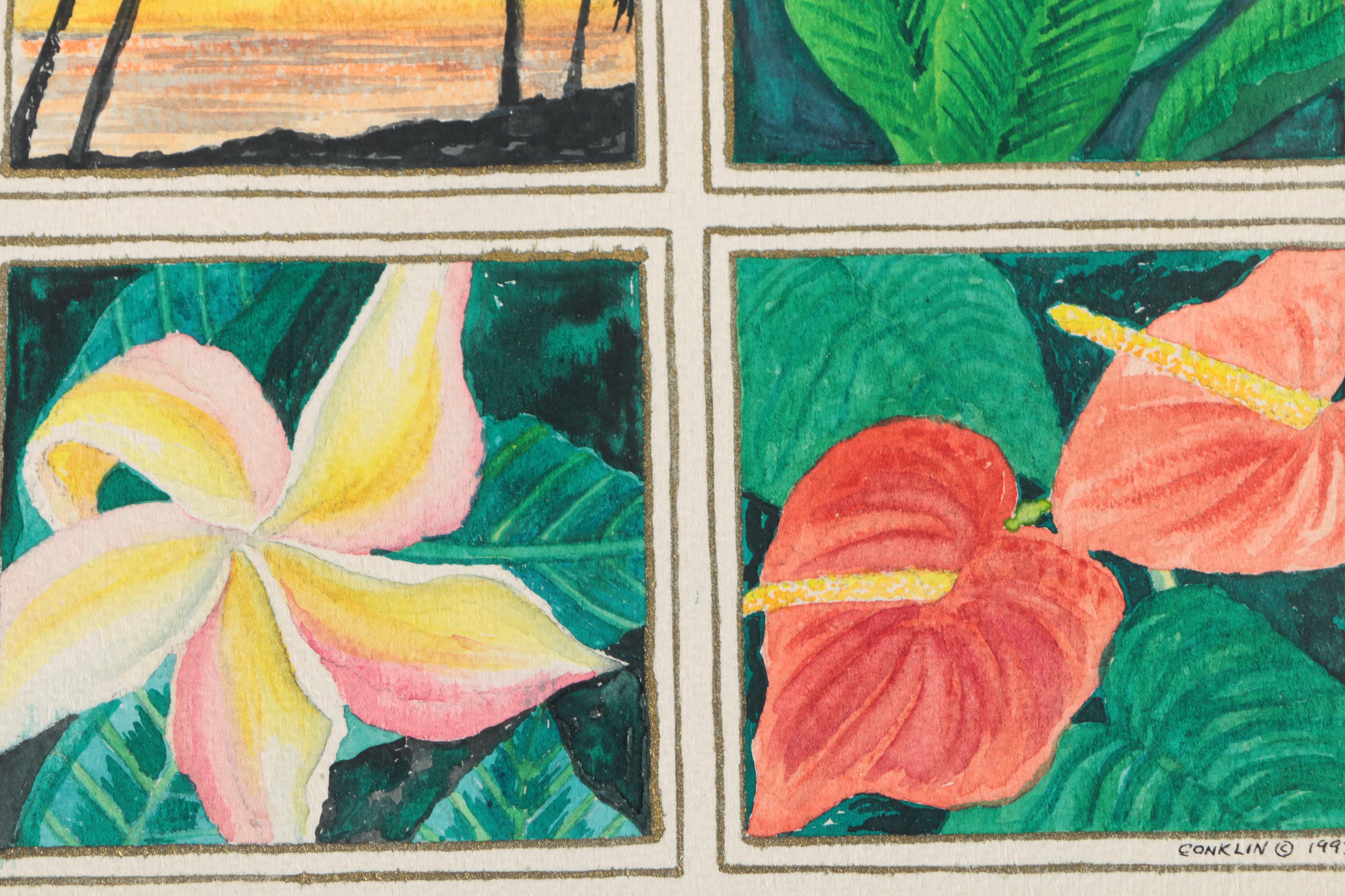 Conklin 1993 Six-Panel Watercolor on Paper of Hawaiian Scenes