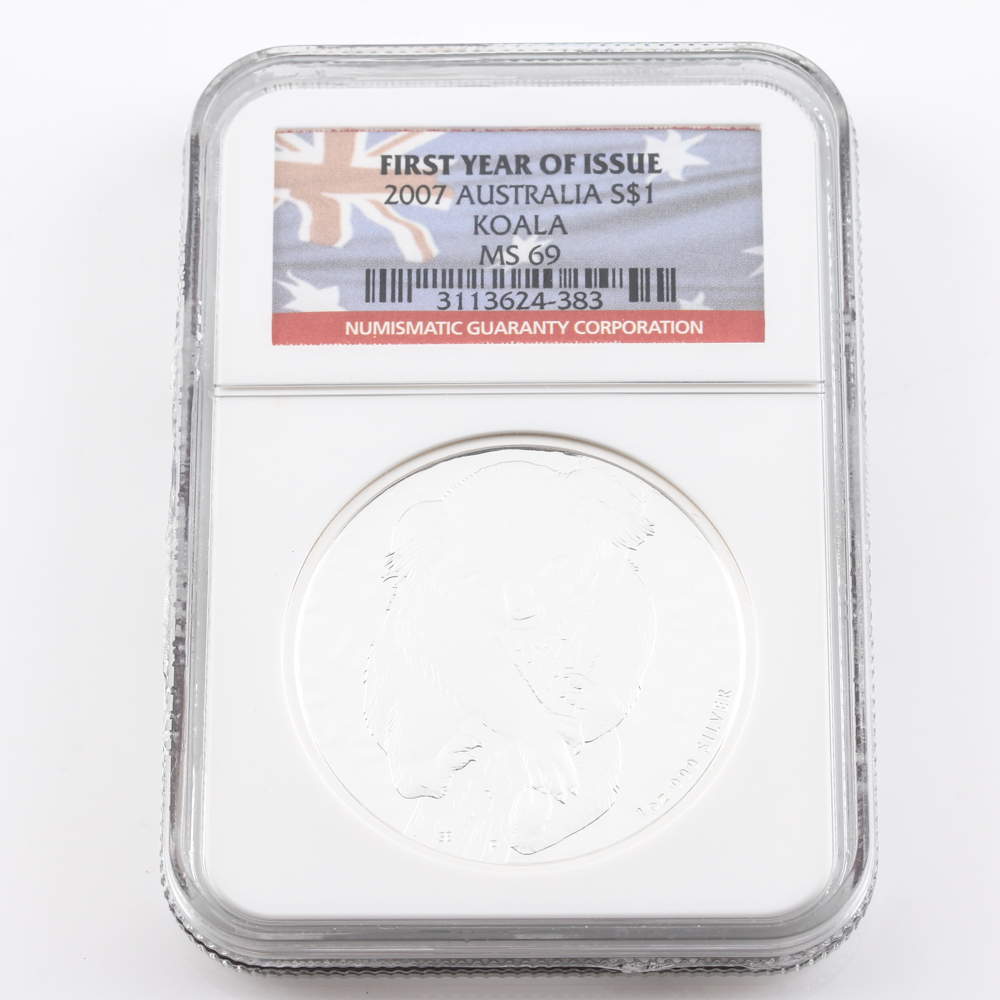 Graded MS 69 (by NGC) 2007 First Year of Issue Australian Koala Silver Bullion $1 Coin