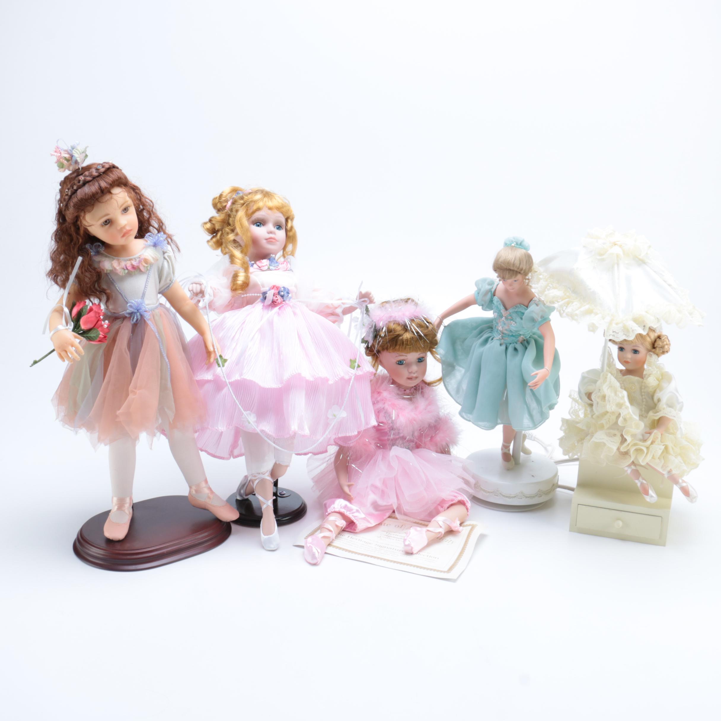 Five Dancer Dolls Including Music Stand and Lamp