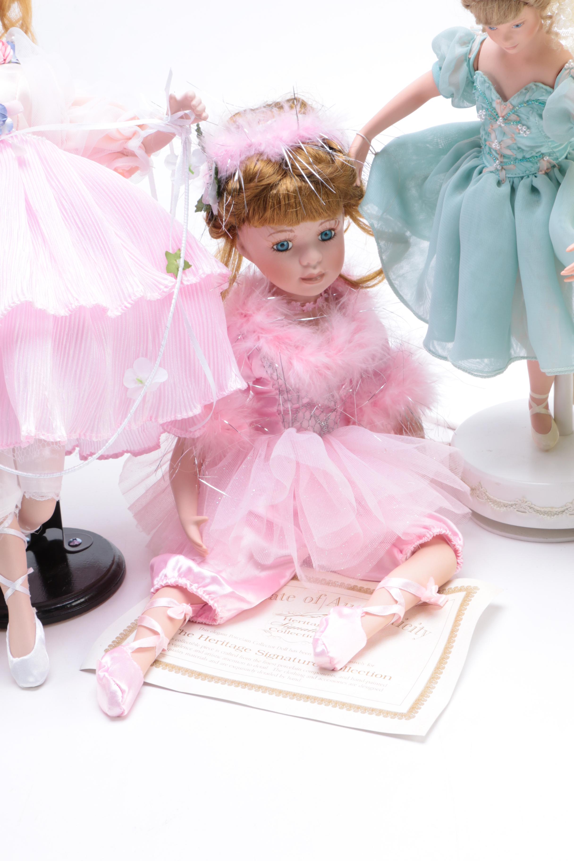 Five Dancer Dolls Including Music Stand and Lamp