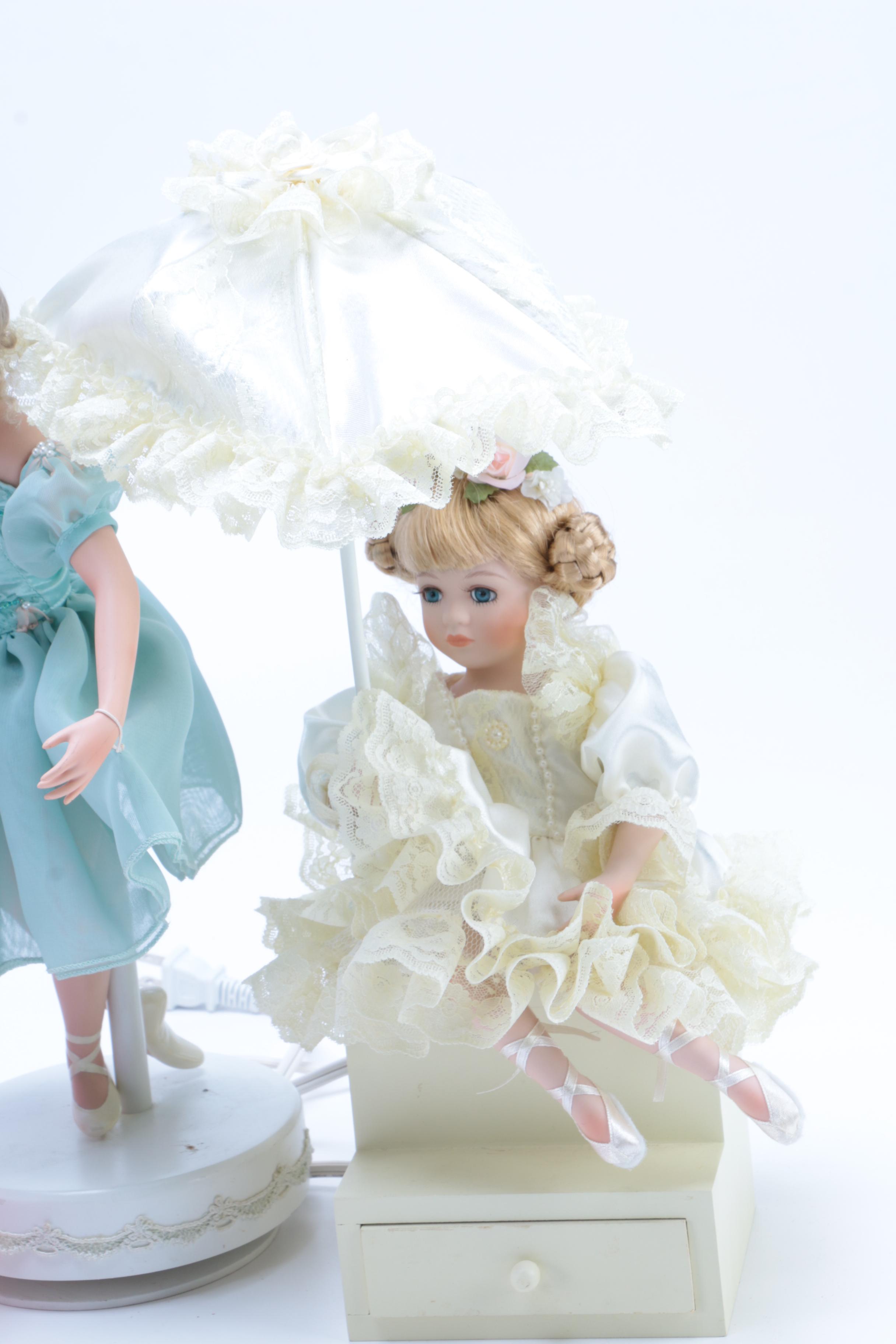 Five Dancer Dolls Including Music Stand and Lamp
