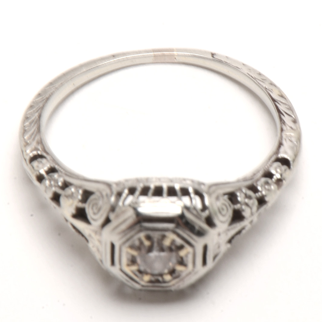 Edwardian 18K White Gold Filigree Diamond Engagement Ring