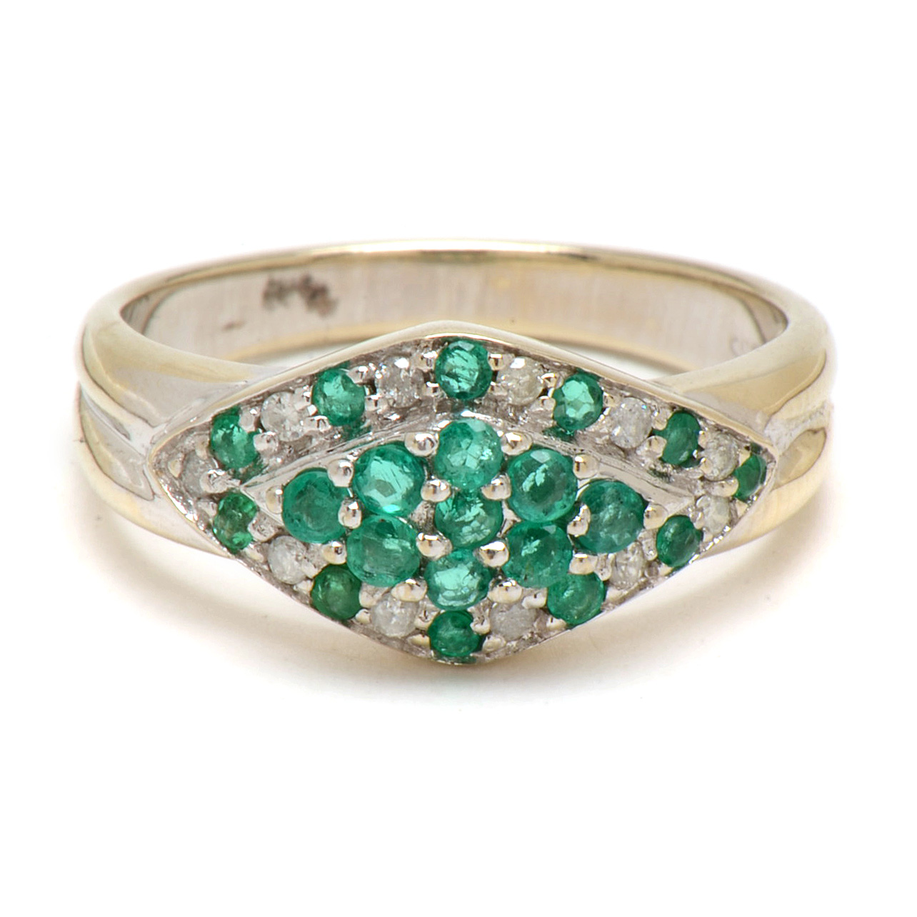 14K White Gold Natural Emerald and Diamond Ring