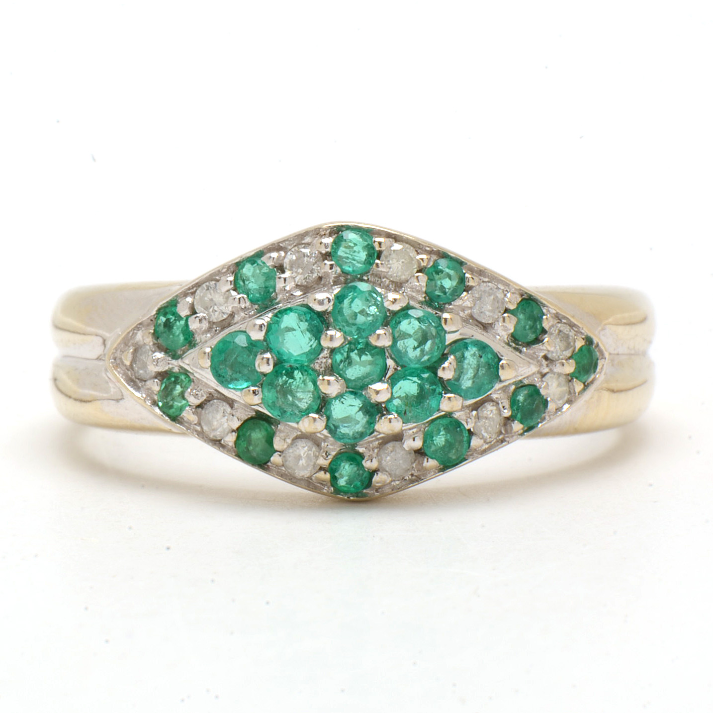 14K White Gold Natural Emerald and Diamond Ring