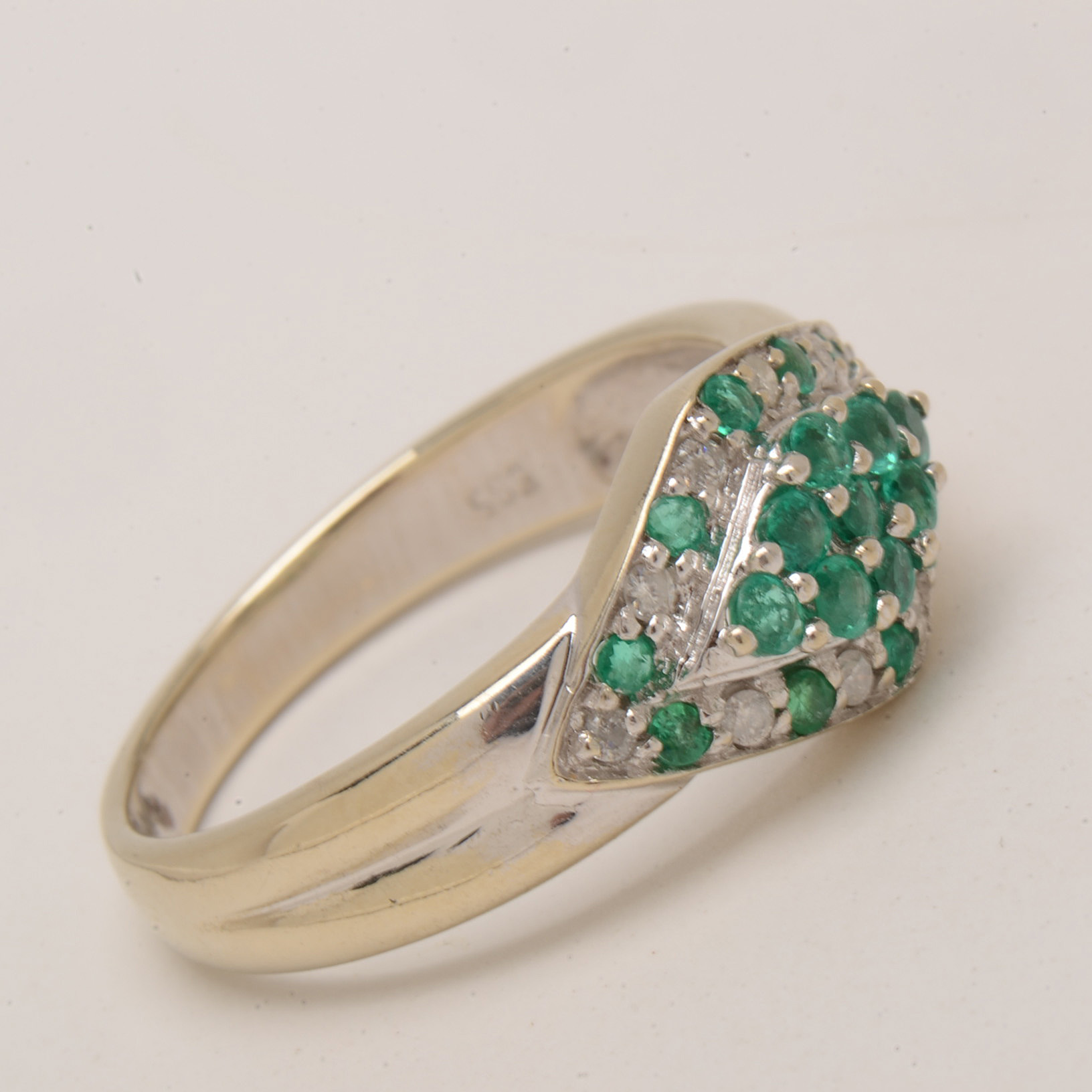 14K White Gold Natural Emerald and Diamond Ring
