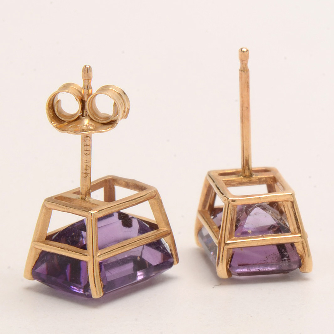 Pair of 14K Yellow Gold Amethyst Stud Earrings