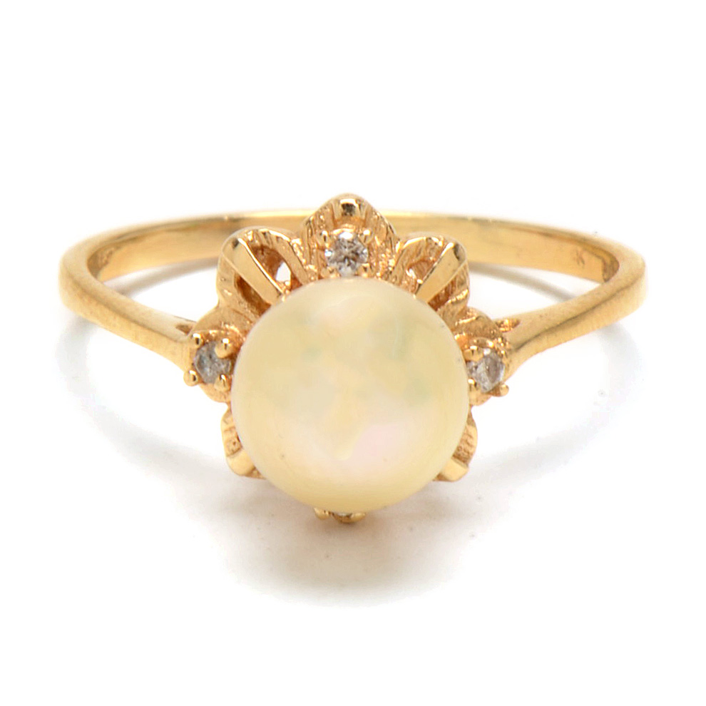 14K Yellow Gold Cultured Pearl Diamond Ring