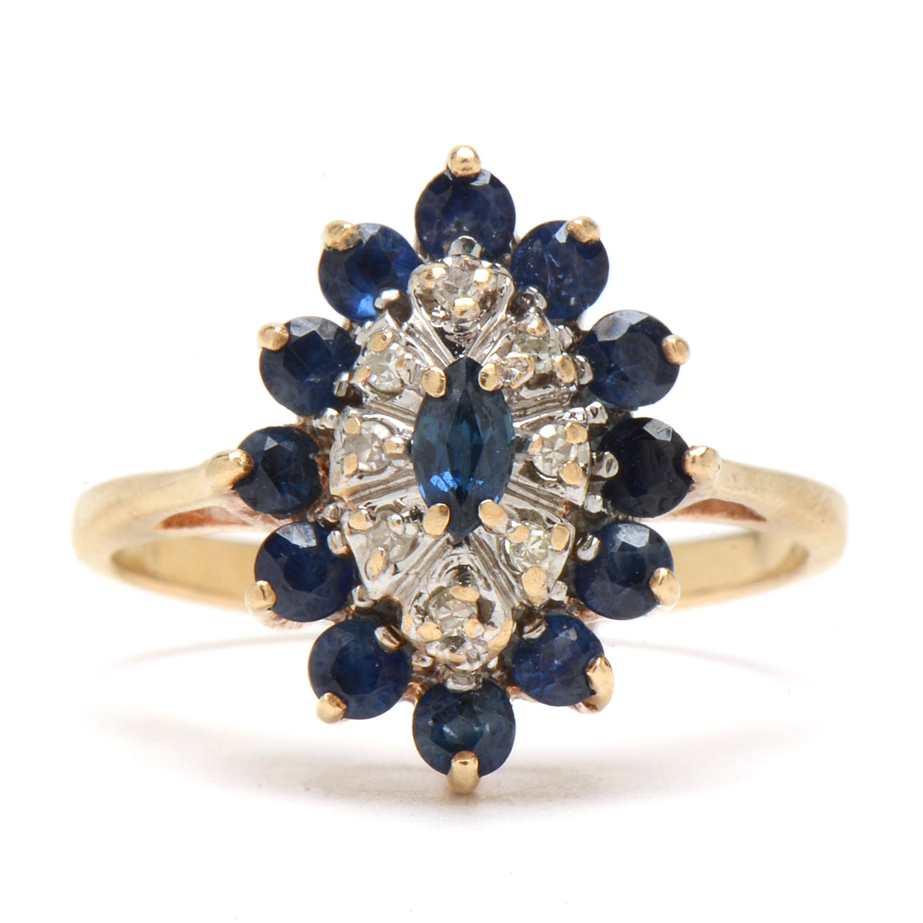 10K Yellow Gold Natural Blue Sapphire Diamond Cluster Ring