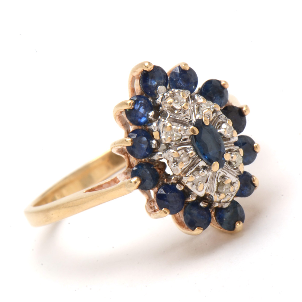 10K Yellow Gold Natural Blue Sapphire Diamond Cluster Ring
