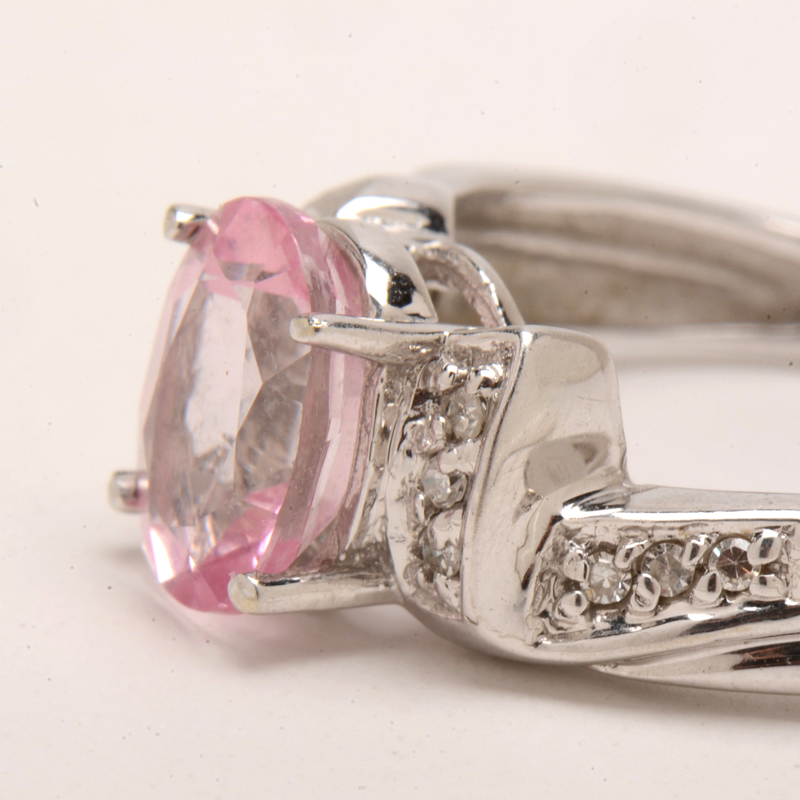 14K White Gold Pink Topaz Diamond Ring