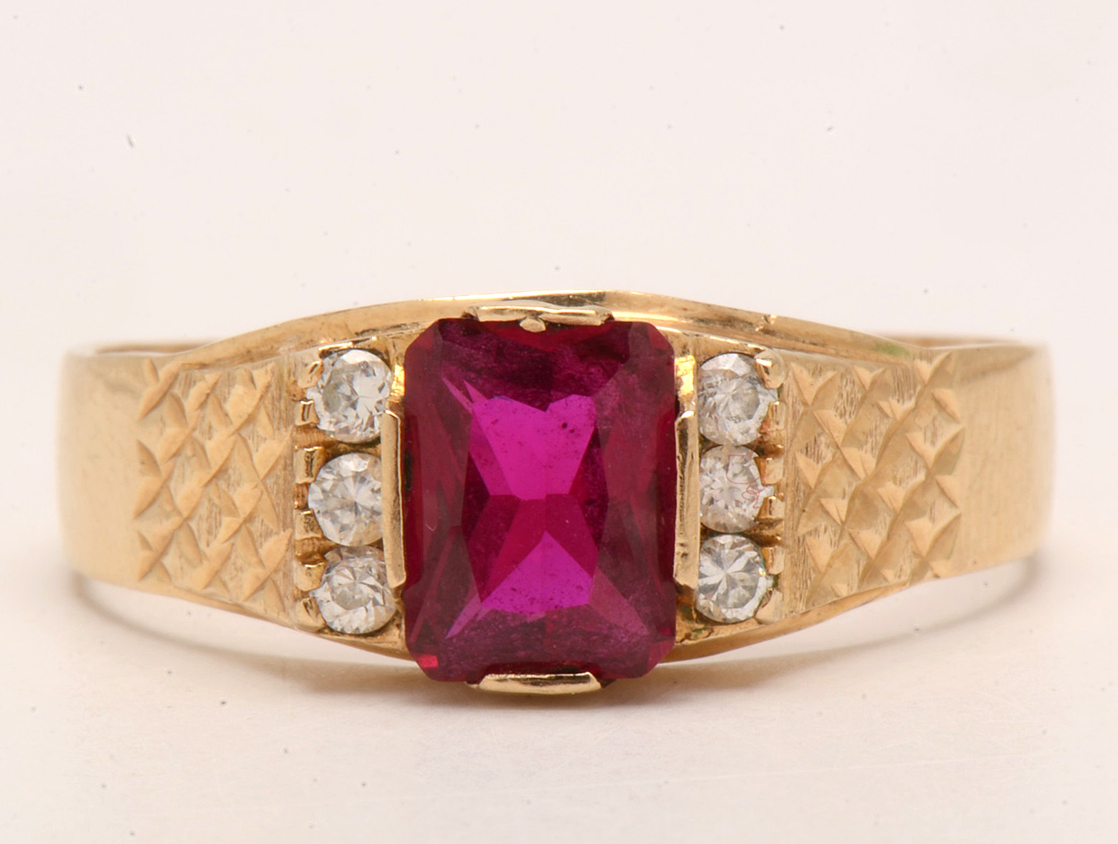10K Yellow Gold Synthetic Ruby with Cubic Zirconia Men's Ring