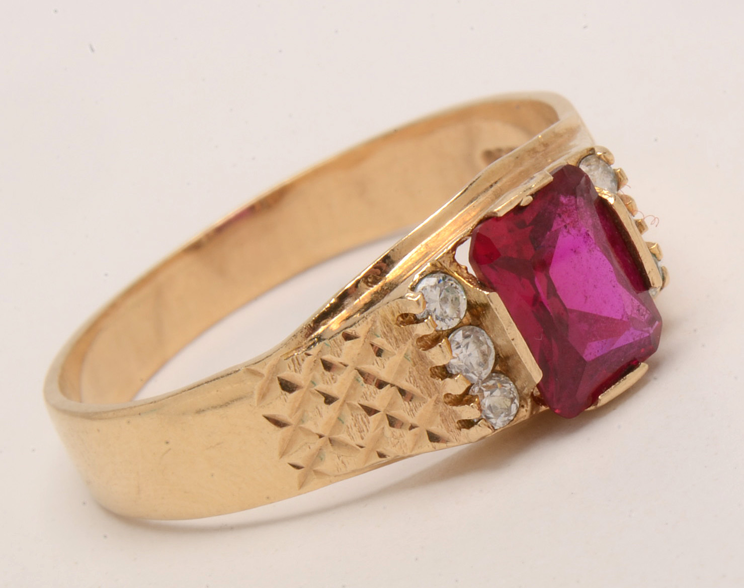 10K Yellow Gold Synthetic Ruby with Cubic Zirconia Men's Ring