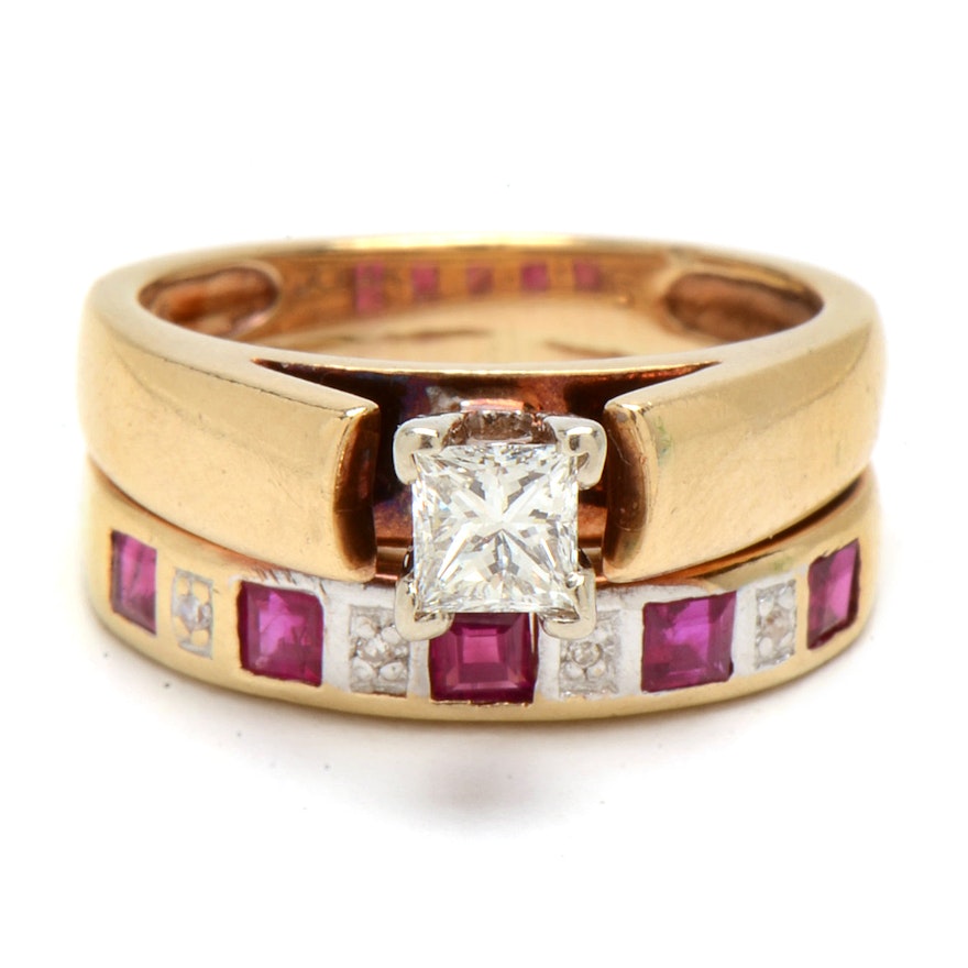 14K Yellow Gold Diamond and Ruby Bridal Ring Set