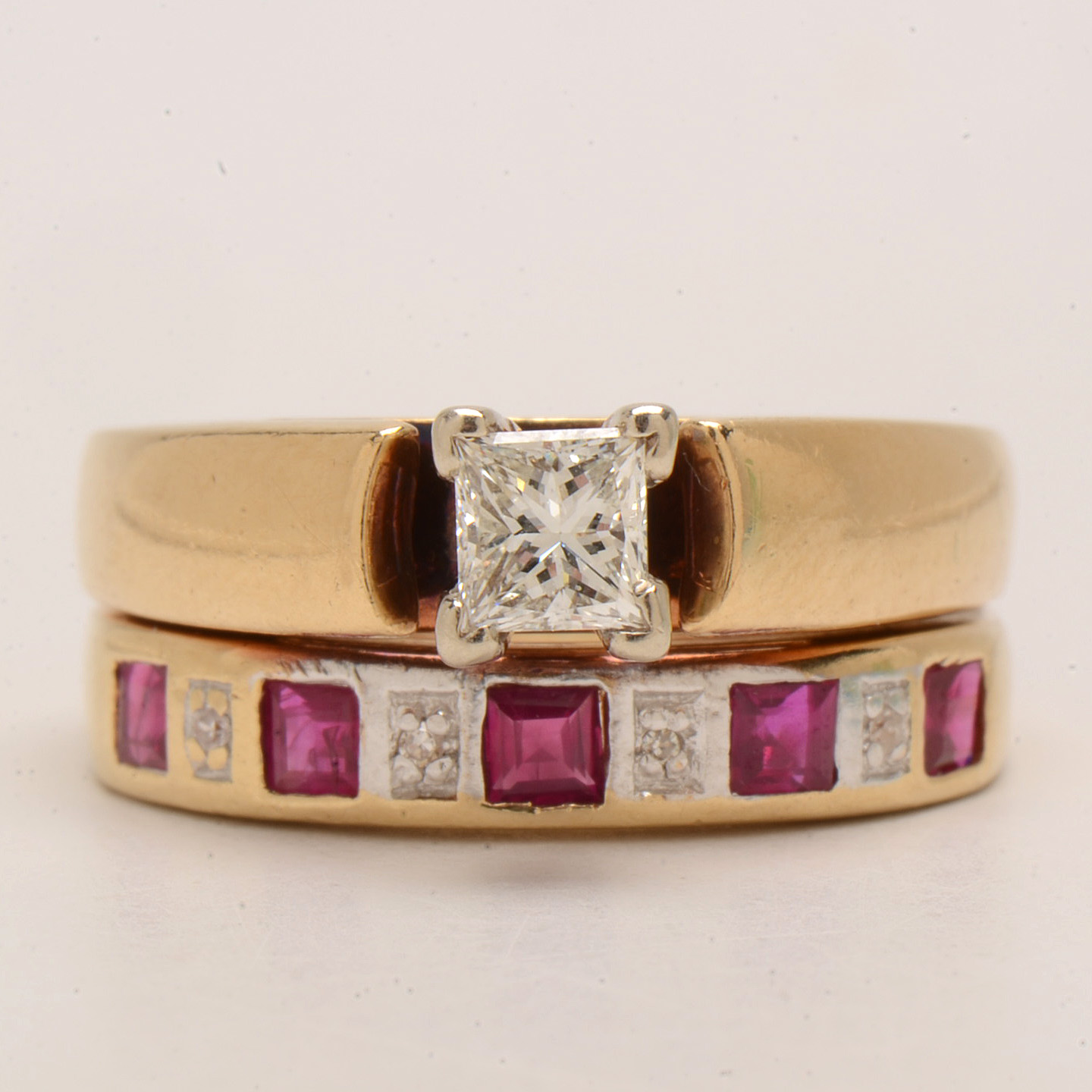 14K Yellow Gold Diamond and Ruby Bridal Ring Set