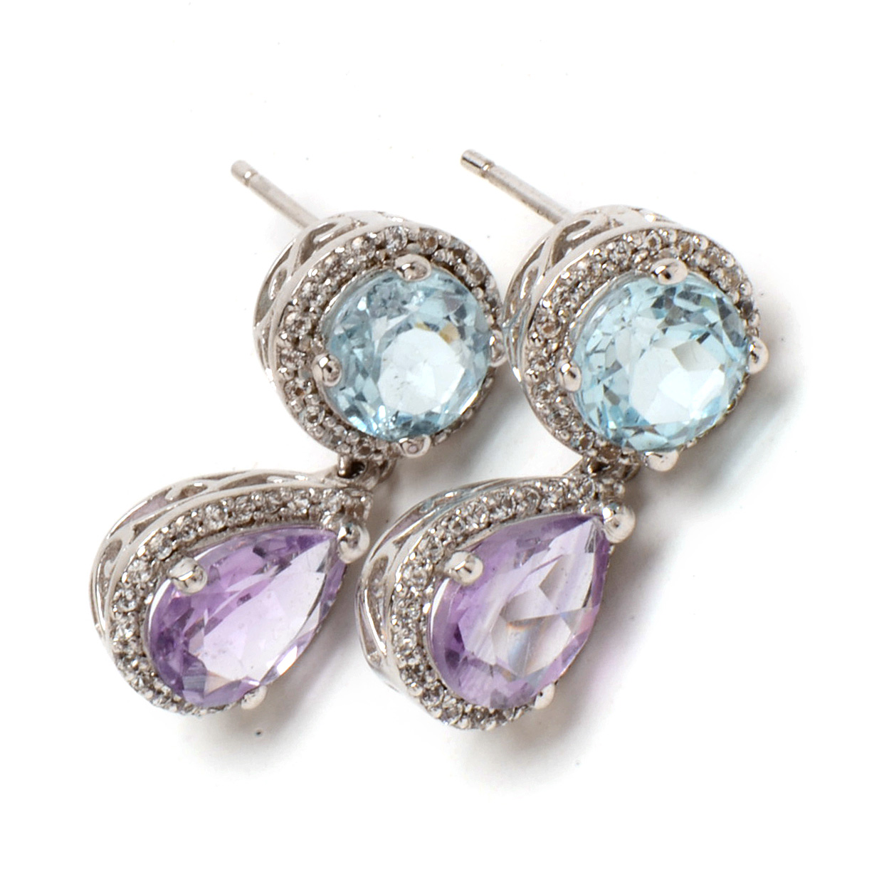 Pair of Sterling Silver Blue Topaz, Amethyst, White Sapphire Drop Earrings