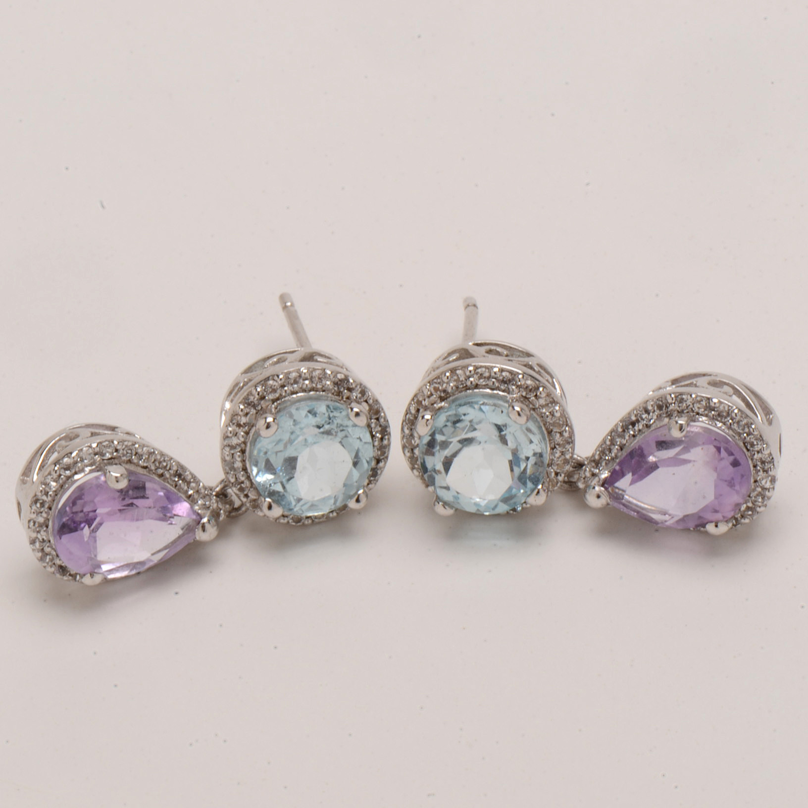 Pair of Sterling Silver Blue Topaz, Amethyst, White Sapphire Drop Earrings