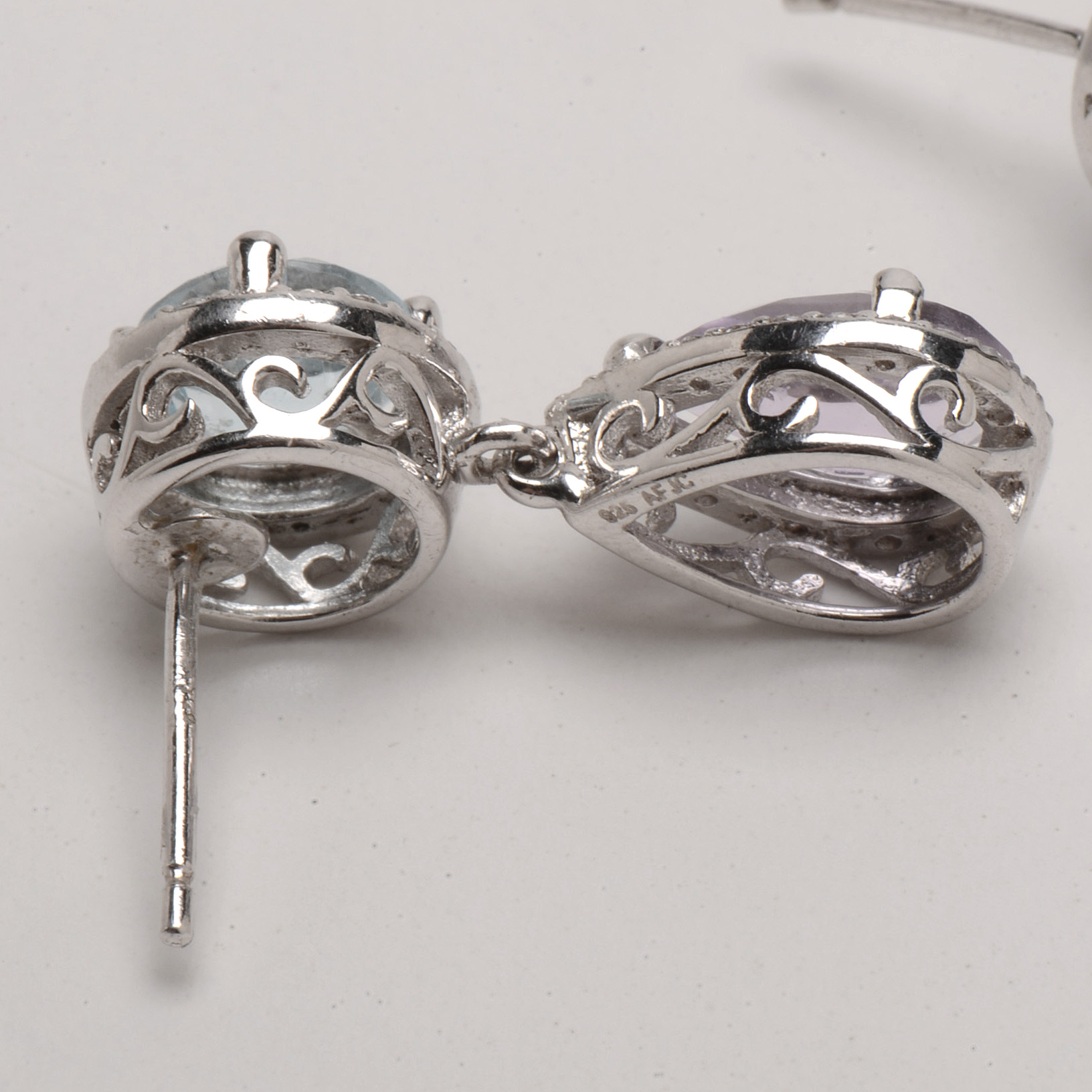 Pair of Sterling Silver Blue Topaz, Amethyst, White Sapphire Drop Earrings