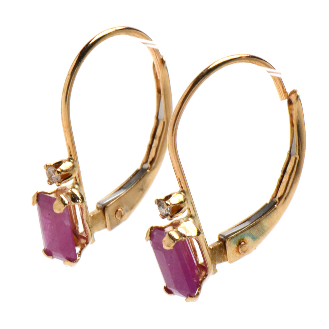 Pair of 14K Yellow Gold Natural Ruby Diamond Earrings