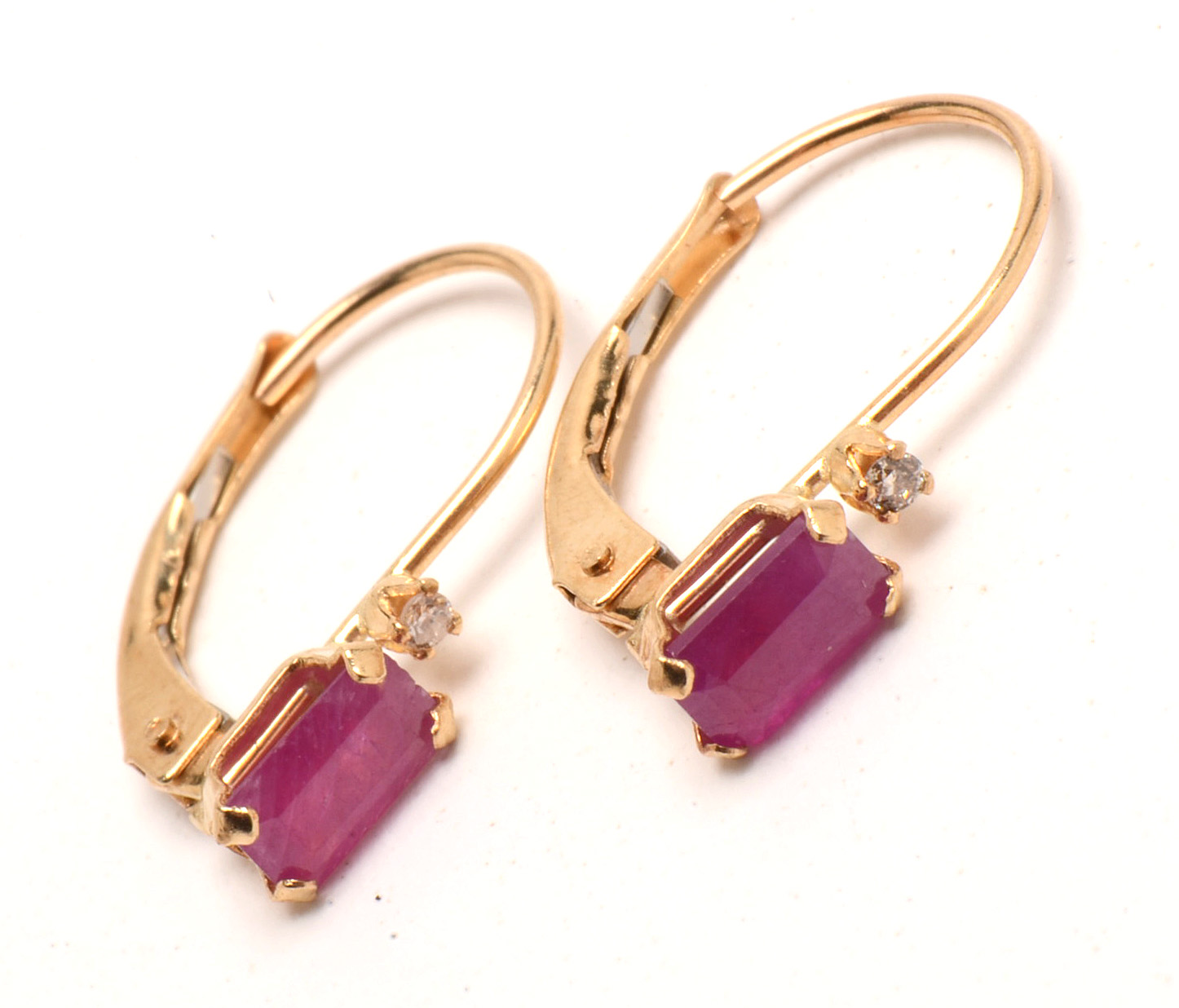Pair of 14K Yellow Gold Natural Ruby Diamond Earrings