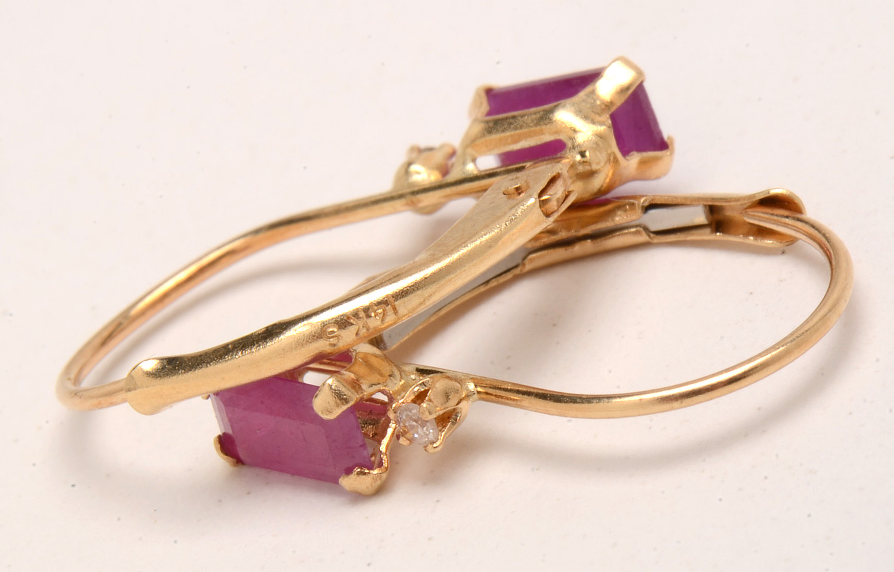 Pair of 14K Yellow Gold Natural Ruby Diamond Earrings