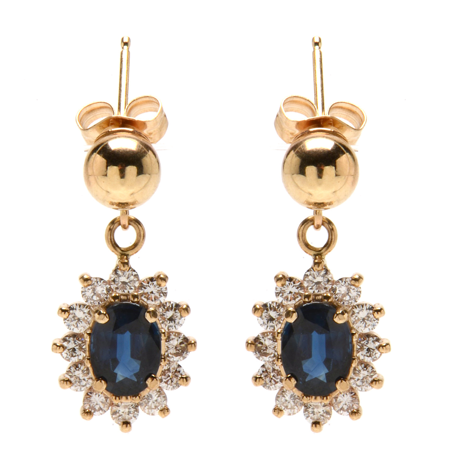 14K Yellow Gold Natural Blue Sapphire Diamond Drop Earrings
