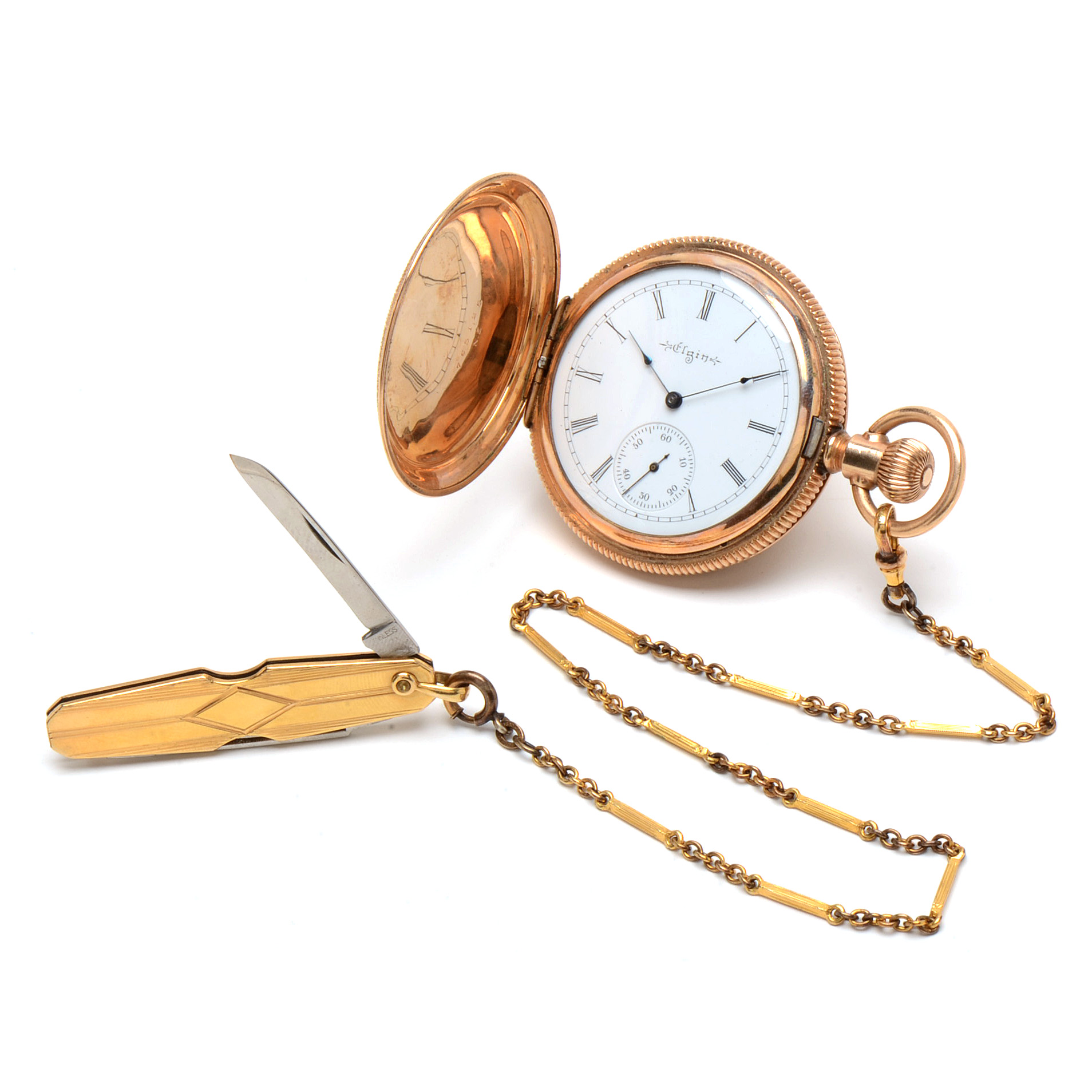 Antique Elgin Gold Filled Full Hunter Pocket Watch with Fob Chain