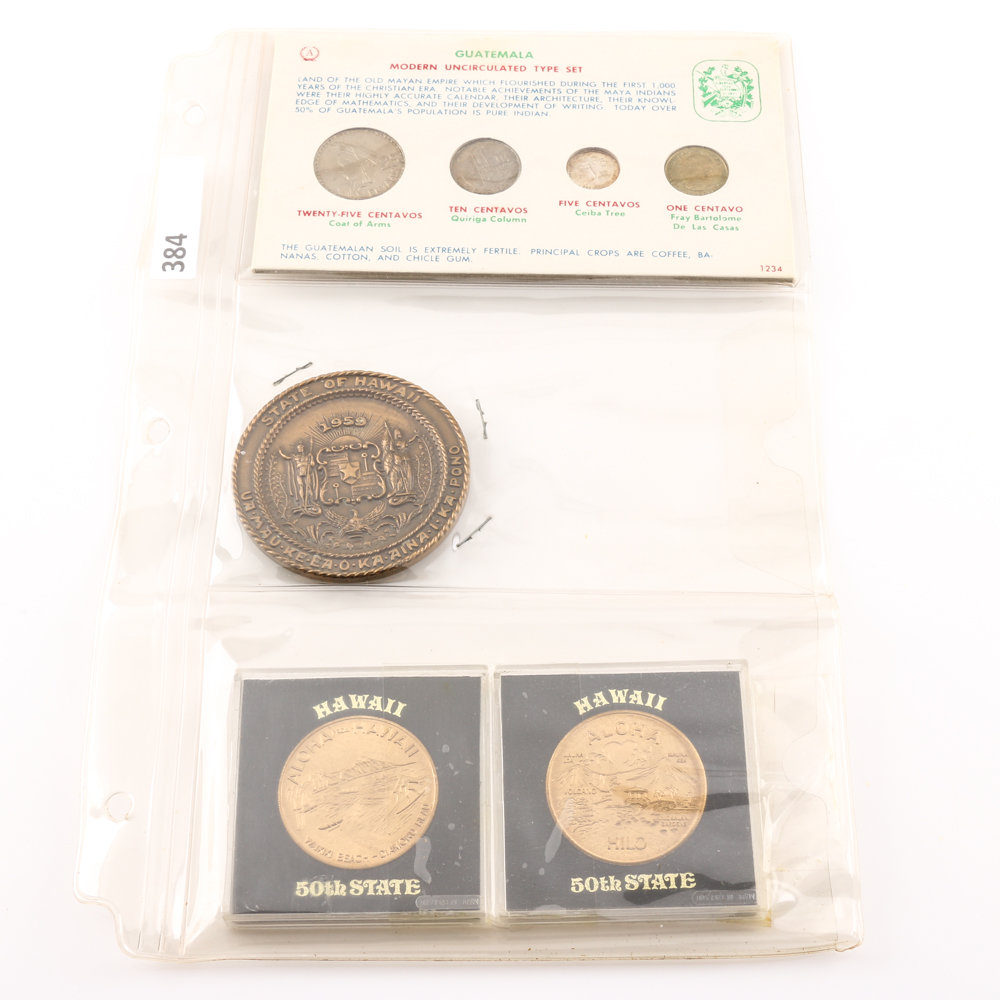 Uncirculated 1965 Guatemalan Coin Set and Hawaiian Medals and Coins