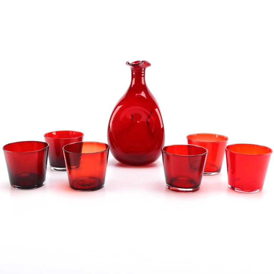 Red Glass Vase and Set of Glasses