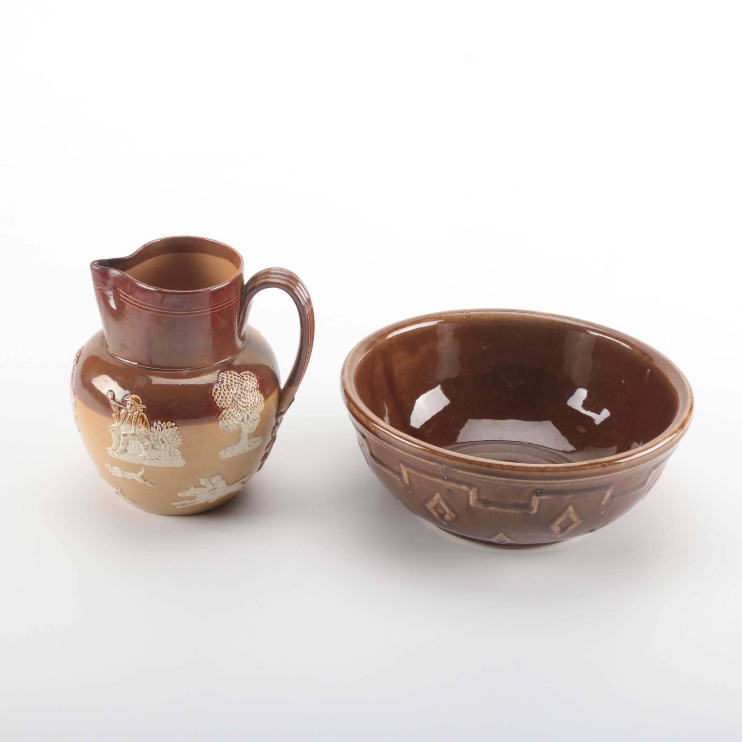 Brown Stoneware Pitcher and Bowl Including Royal Doulton Lambeth