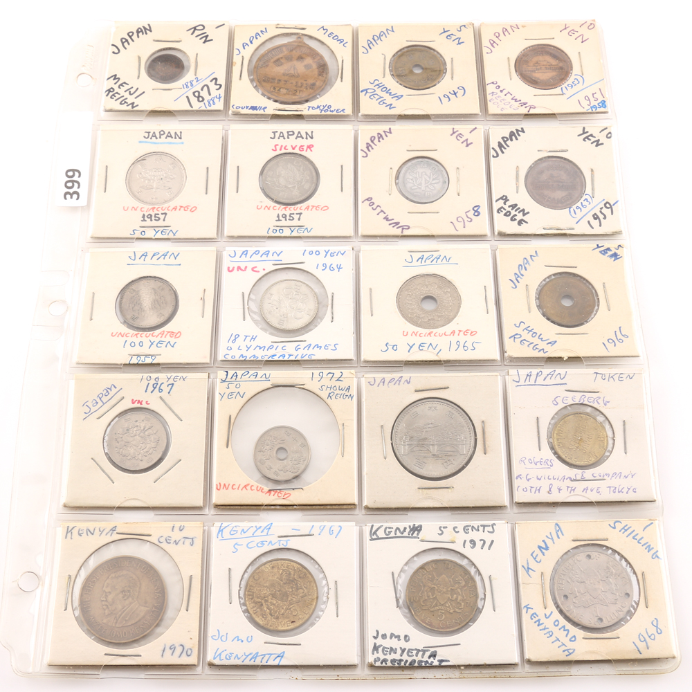 Assortment of Foreign Coins From Japan and Kenya