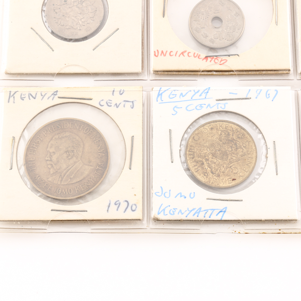 Assortment of Foreign Coins From Japan and Kenya