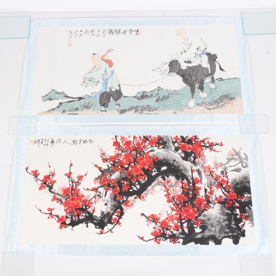 East Asian Ink and Watercolor Paintings on Paper of Plum Blossoms and Two Men With a Water Buffalo