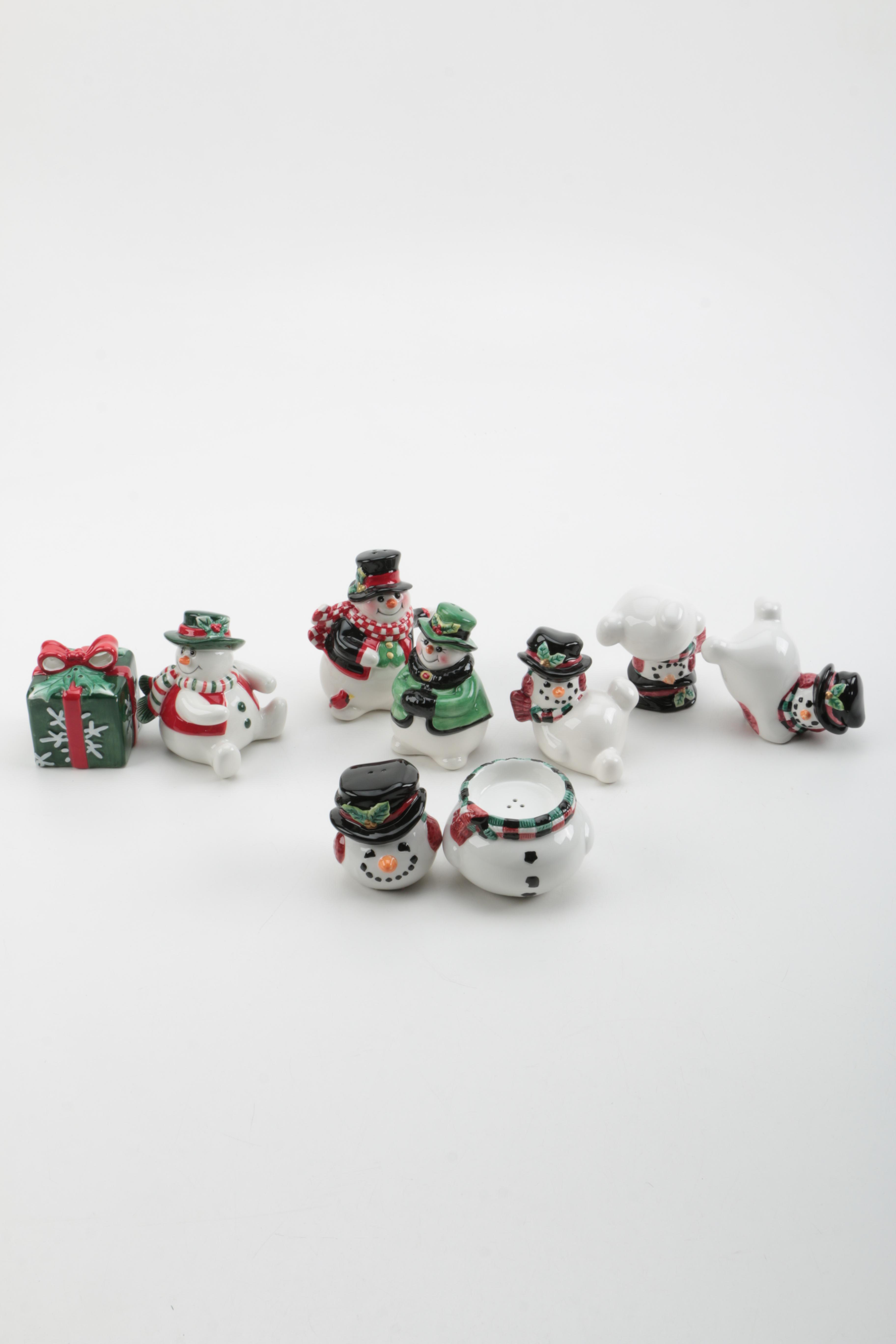 Fitz and Floyd Snowmen With Present Style Salt and Pepper Shakers