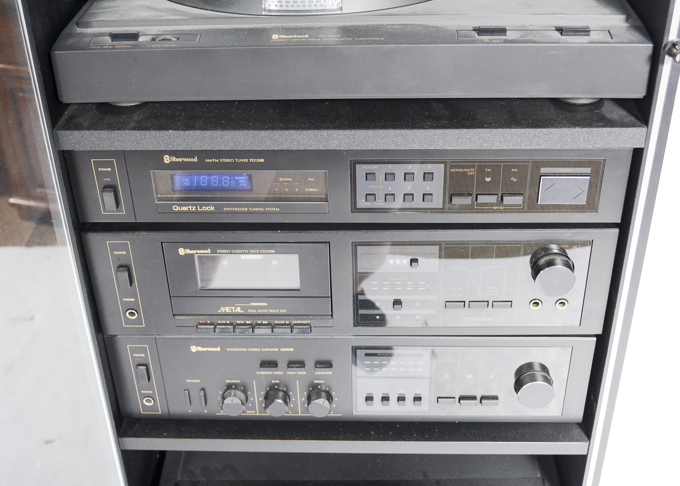 Sherwood Stereo Components, Speakers, Cabinet and Sony CD Changer