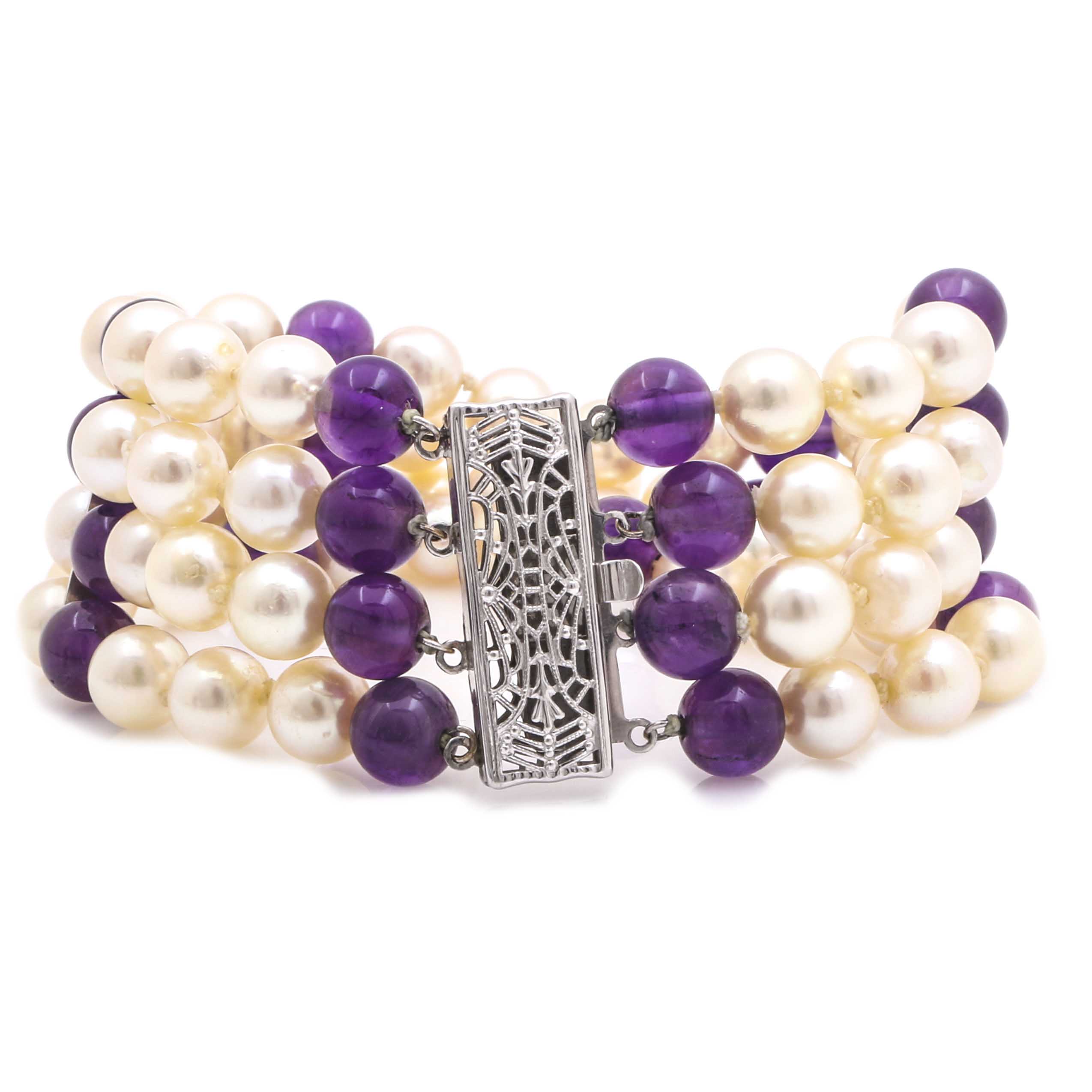 10K White Gold Pearl and Beaded Amethyst Multi-Strand Bracelet