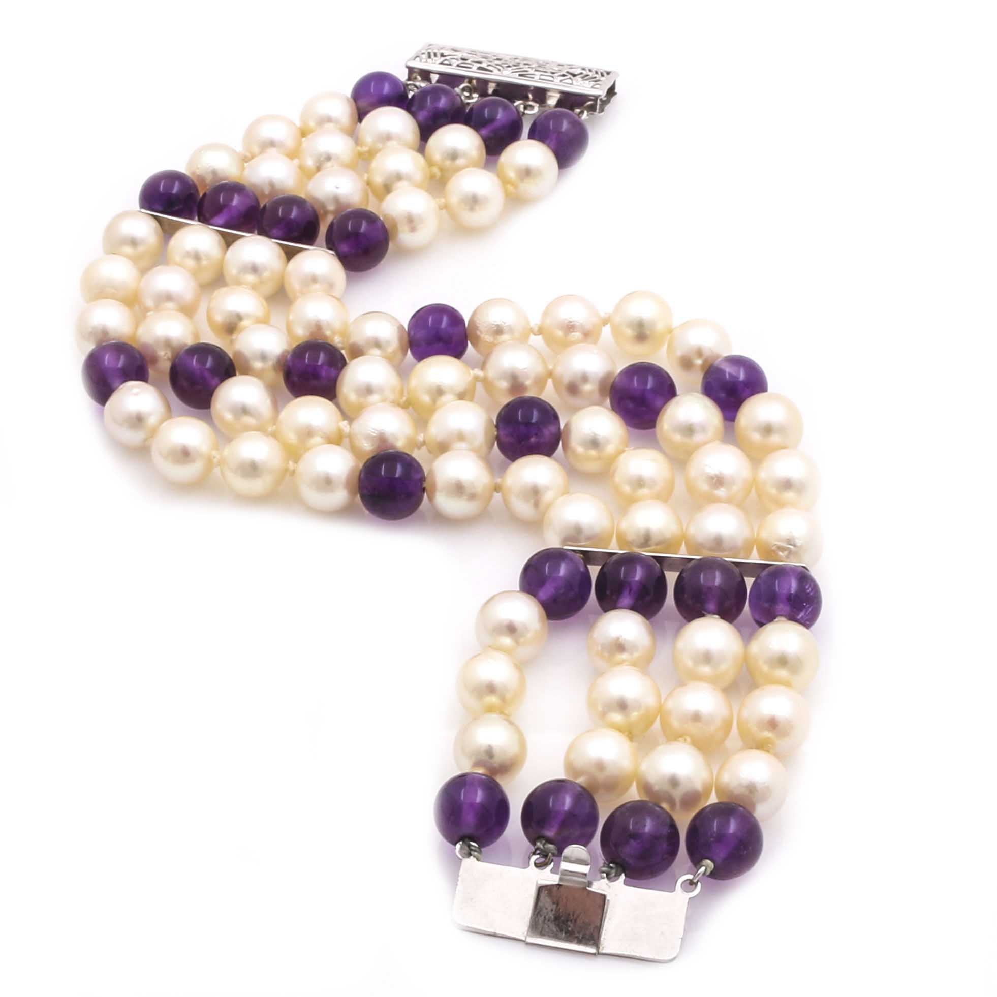10K White Gold Pearl and Beaded Amethyst Multi-Strand Bracelet