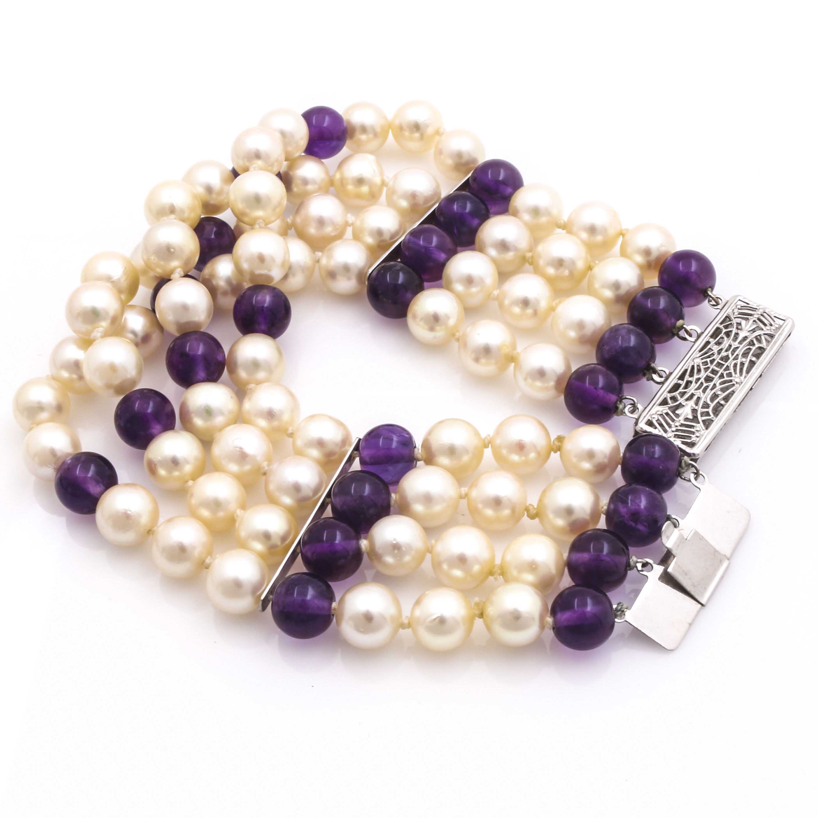 10K White Gold Pearl and Beaded Amethyst Multi-Strand Bracelet