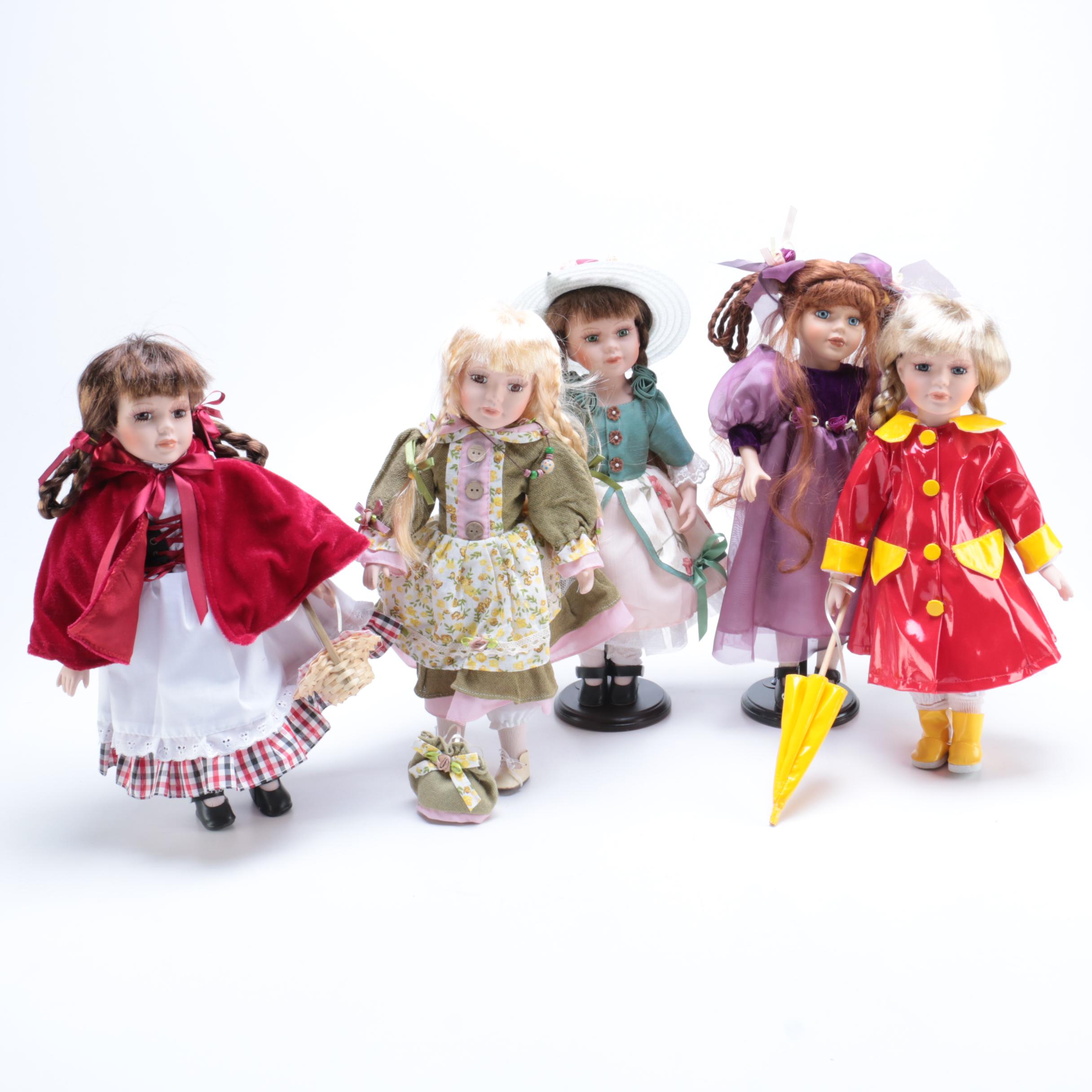 Five Porcelain Dolls Including Little Red Riding Hood