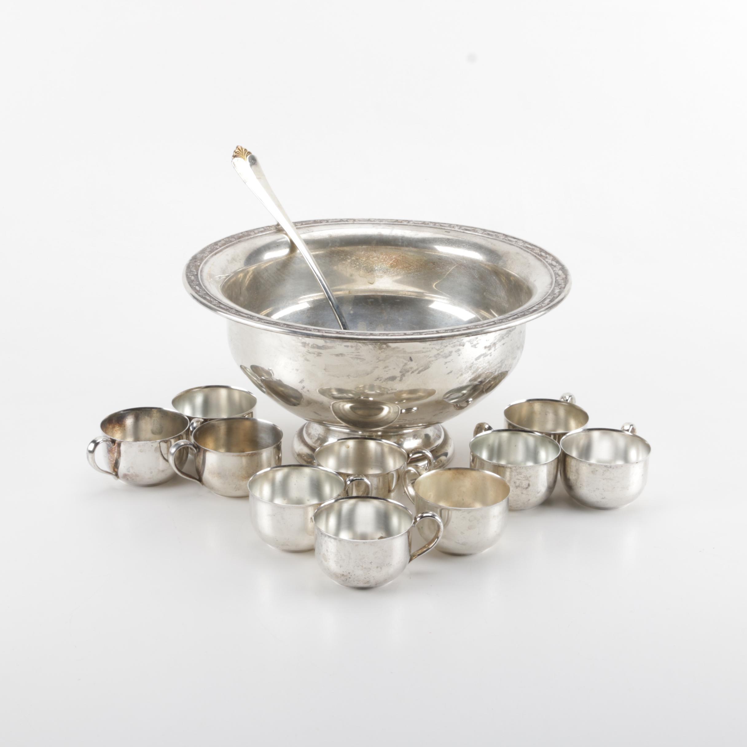 Oneida Silver Plate Punch Bowl With Accessories