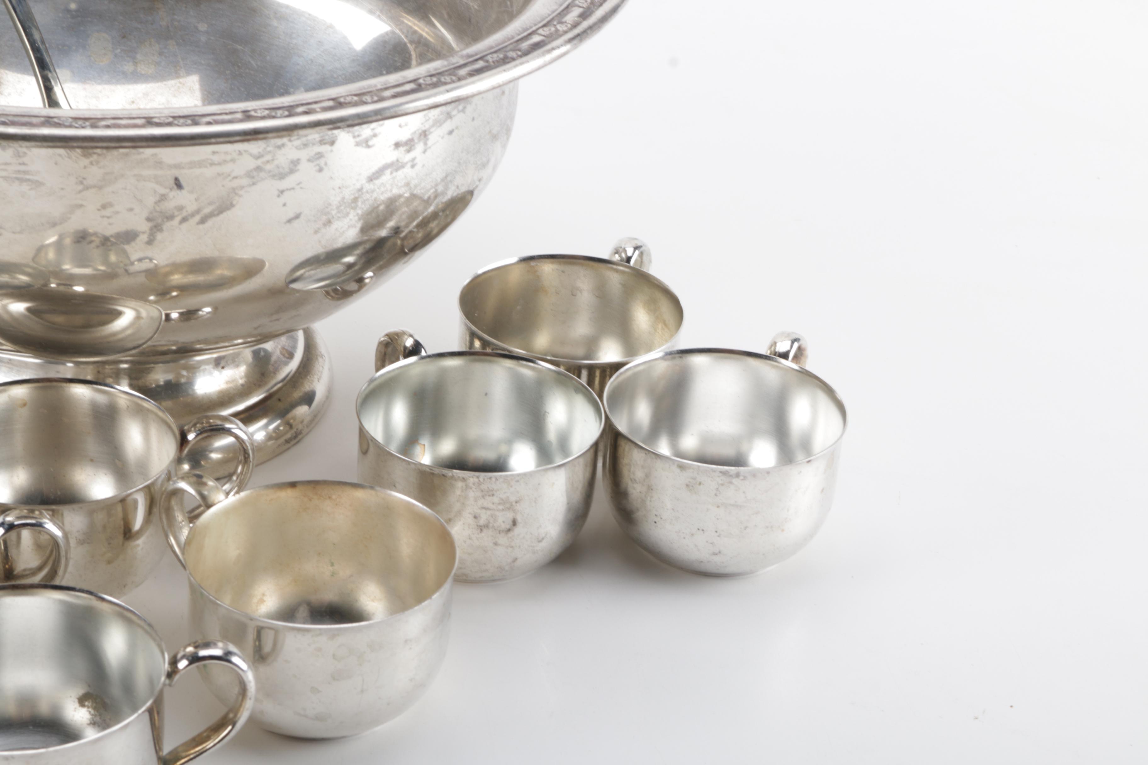 Oneida Silver Plate Punch Bowl With Accessories