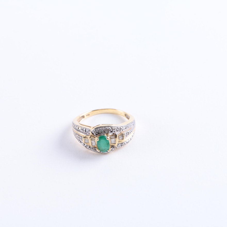 14K Yellow Gold Emerald and Diamond Ring