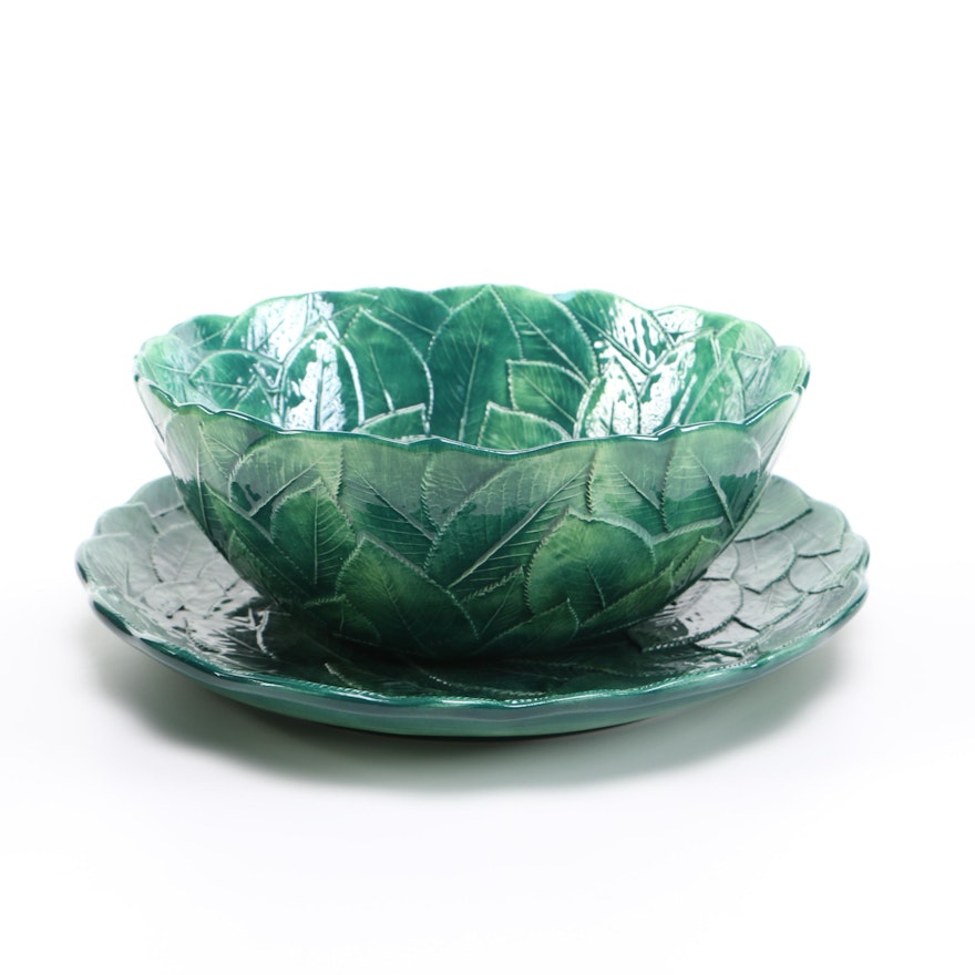 Italian Majolica Ceramic Leaf Bowl and Serving Plate