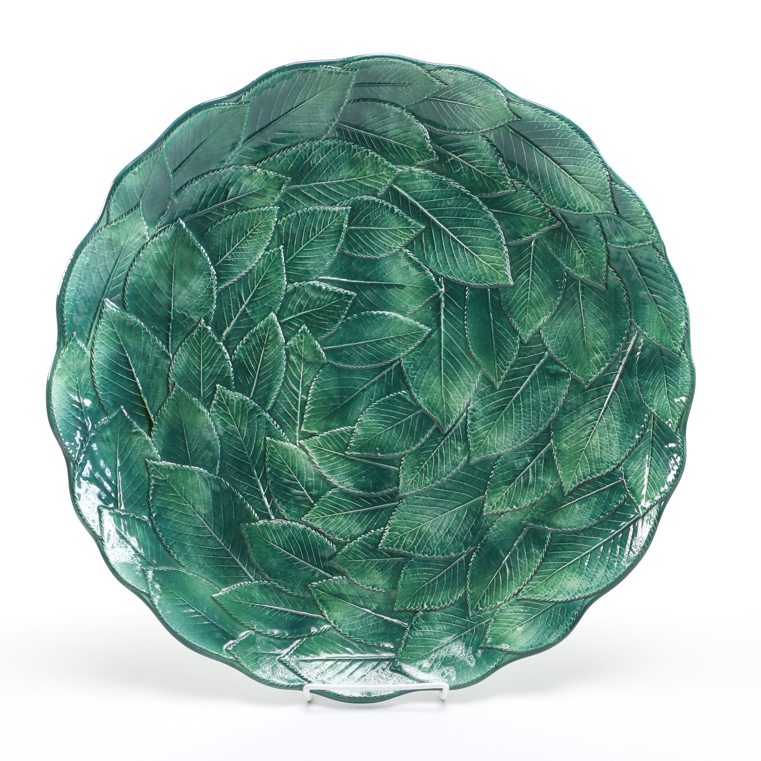Italian Majolica Ceramic Leaf Bowl and Serving Plate