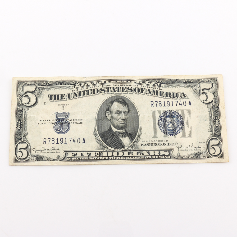 Series 1934-D Blue Seal $5 Silver Certificate