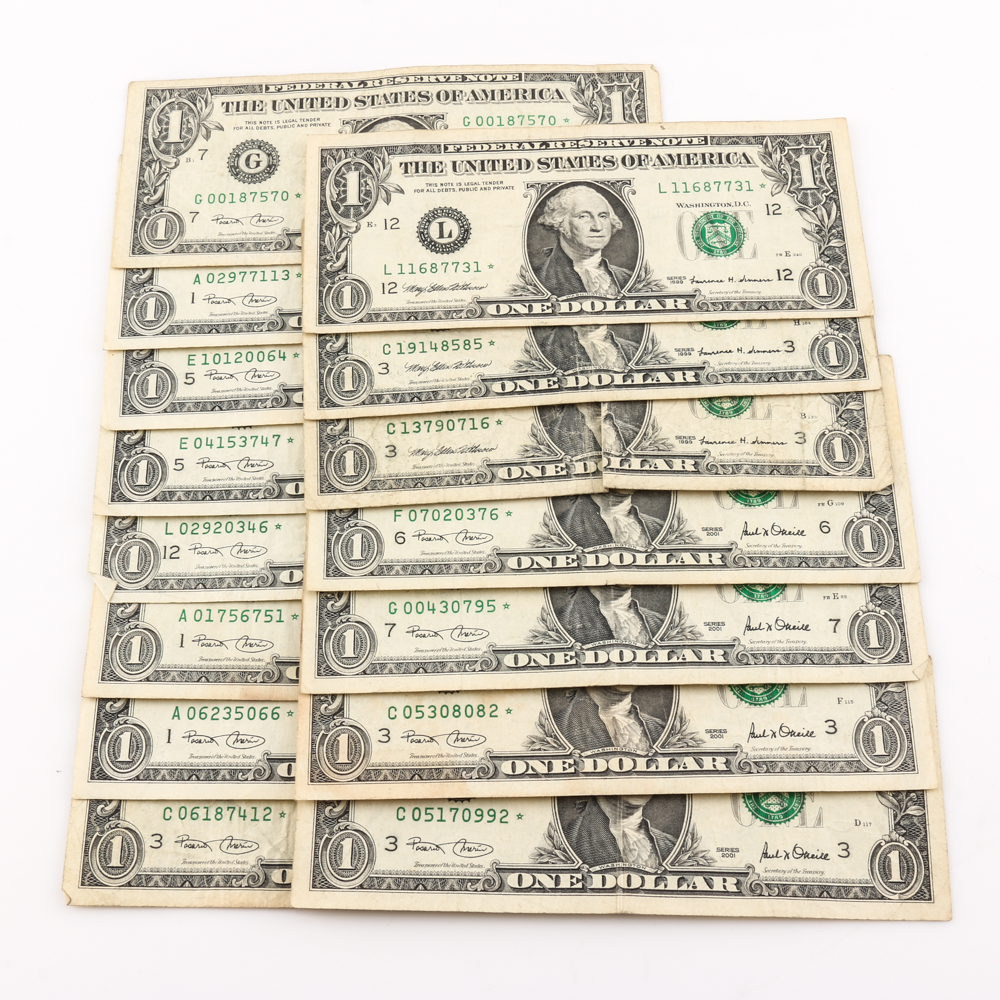 Group of (15) Series 1999, 2001, 2003 $1 Federal Reserve Star Notes