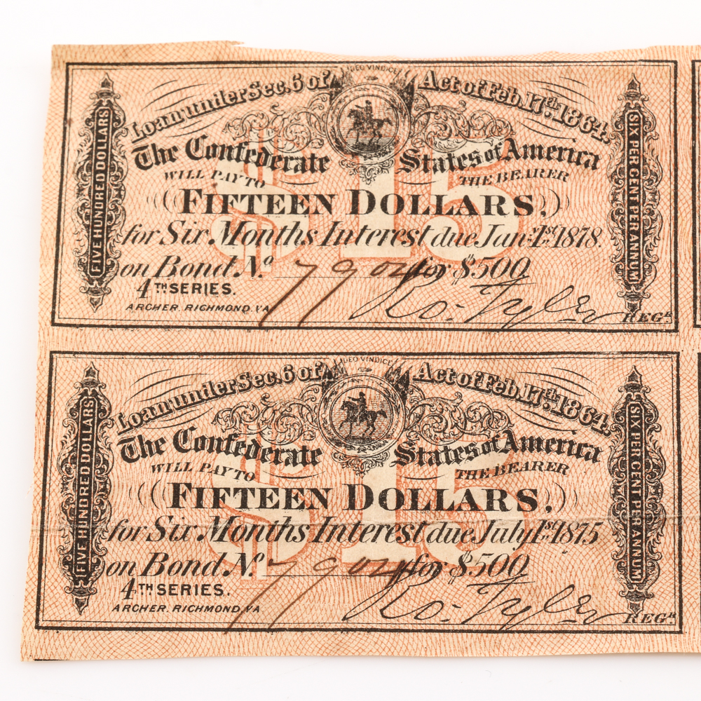 1864 Confederate States of America 4th Series $15 Bond Notes