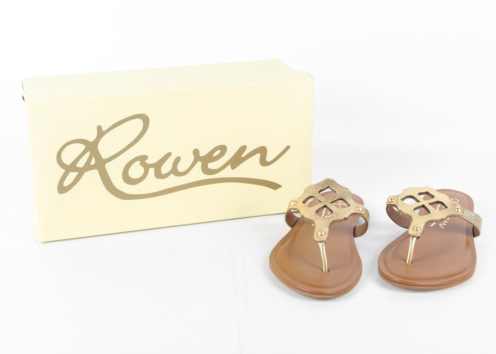 Rowen Bennet Metallic Gold Tone Leather Thong Sandals